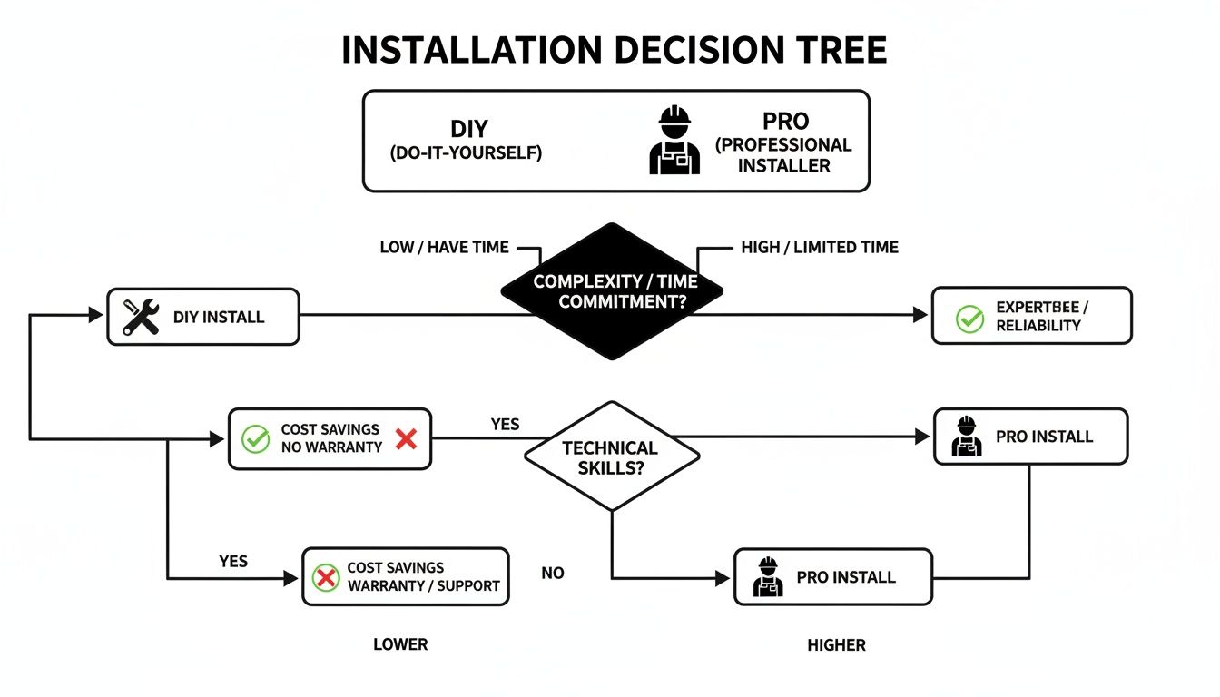 A decision tree flowchart guiding users on DIY versus professional installation choices based on effort, skills, and benefits.