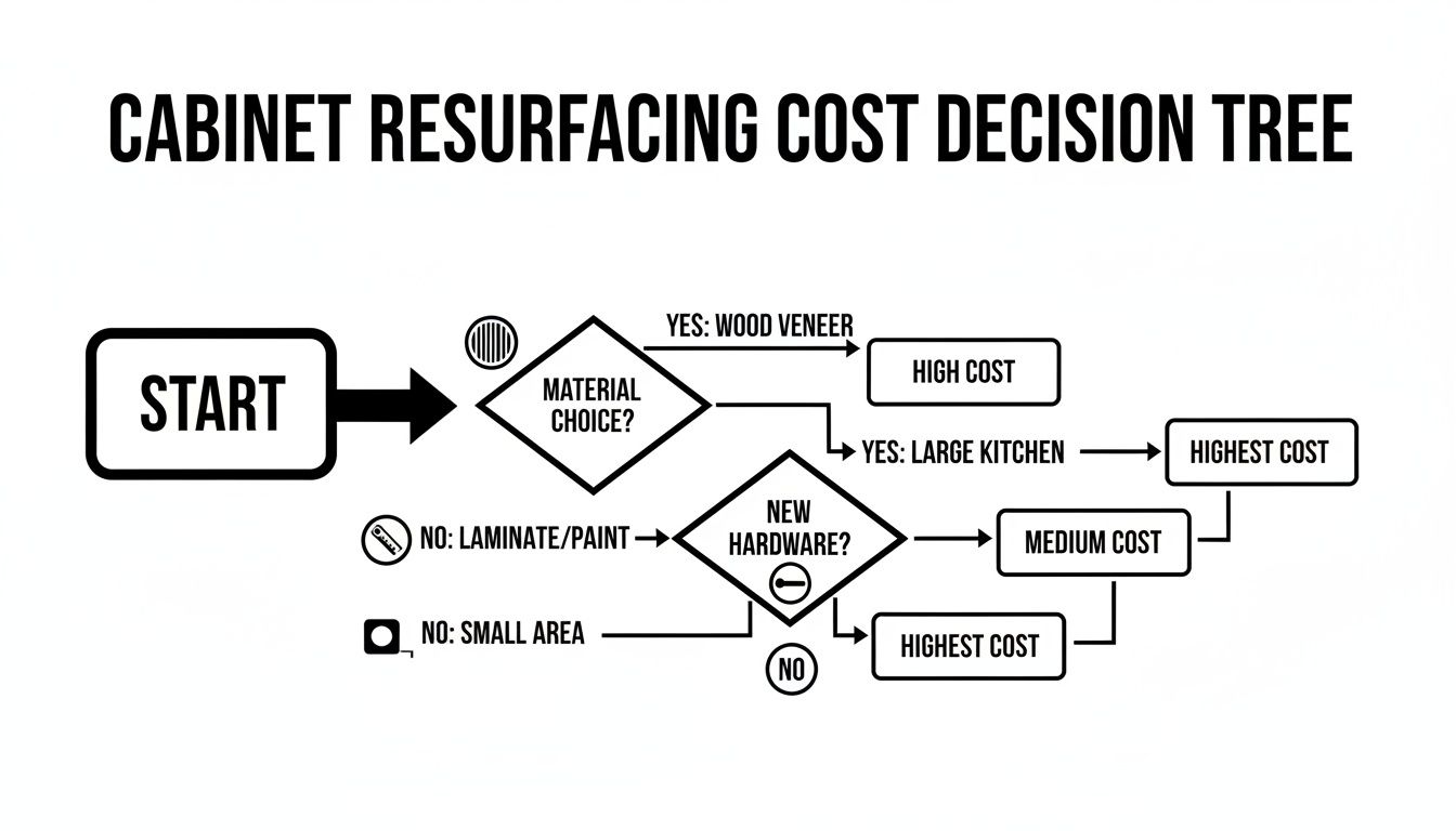 A decision tree flowchart illustrating cabinet resurfacing costs based on material choice, new hardware, and kitchen size.