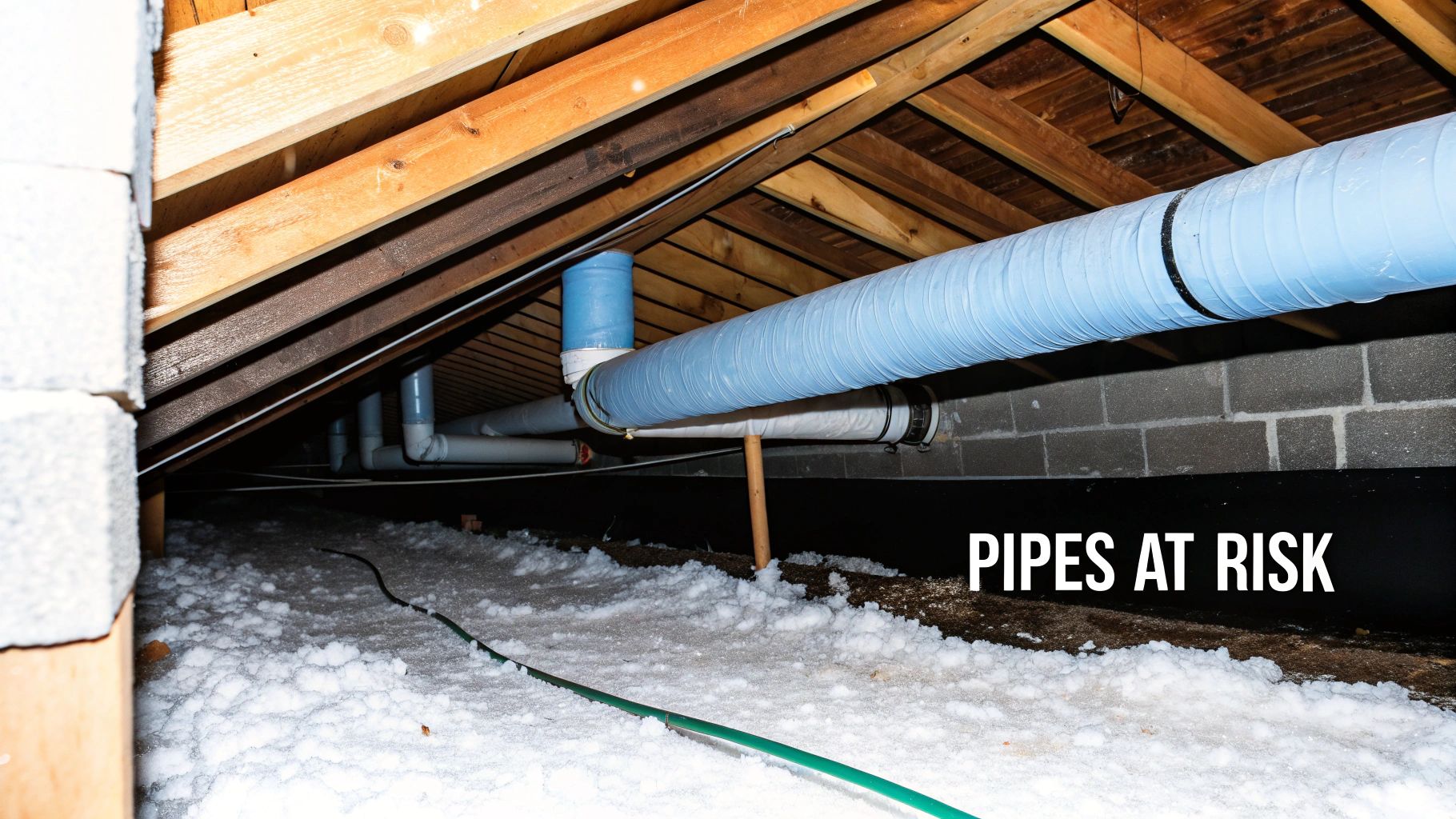 Utility pipes, some insulated, within a cold attic space with wooden rafters and loose insulation.