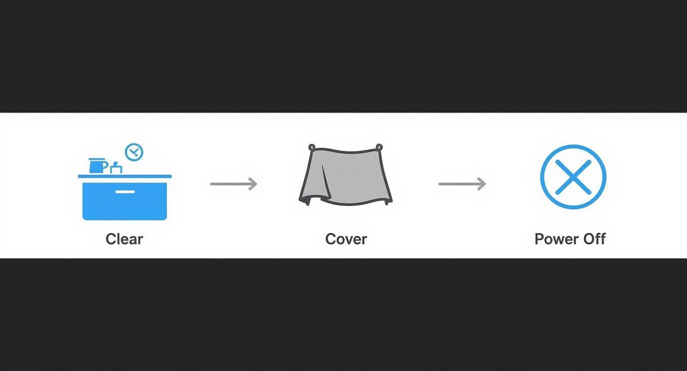 Three steps: Clear, Cover, Power Off, illustrated with icons on a white banner.