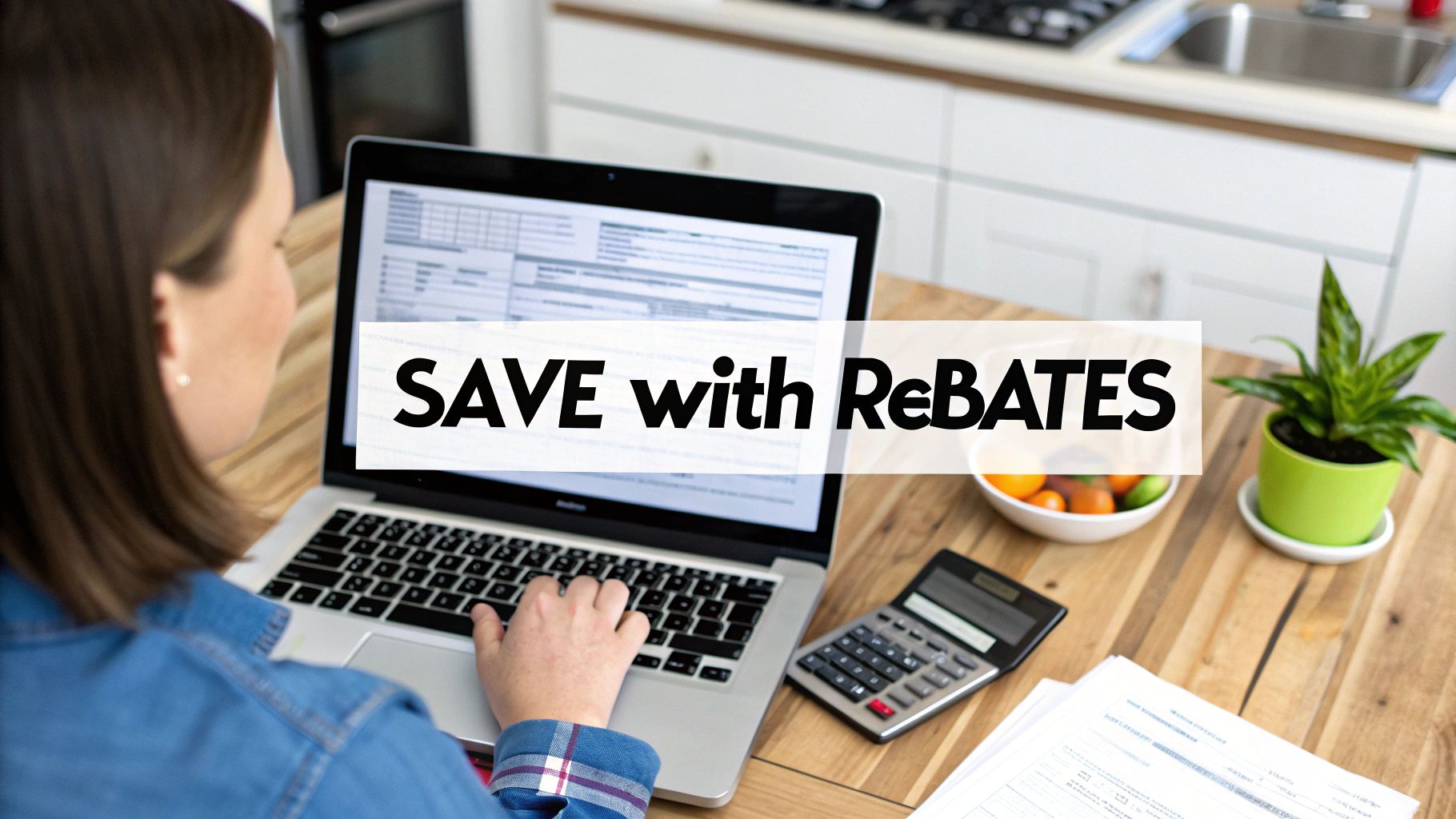 A person happily reviewing their energy bill savings on a tablet in a cozy living room.