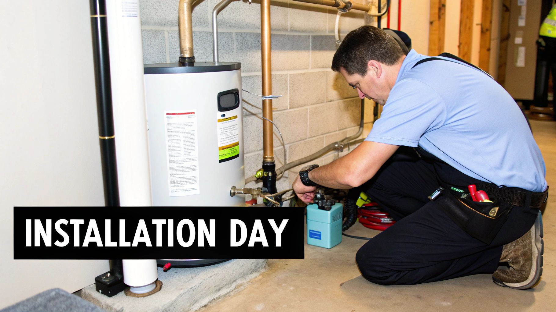A technician installs a new water heater in a basement.