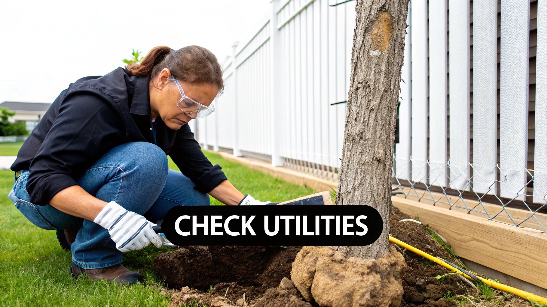 Man wearing safety glasses and gloves while inspecting a fence repair.