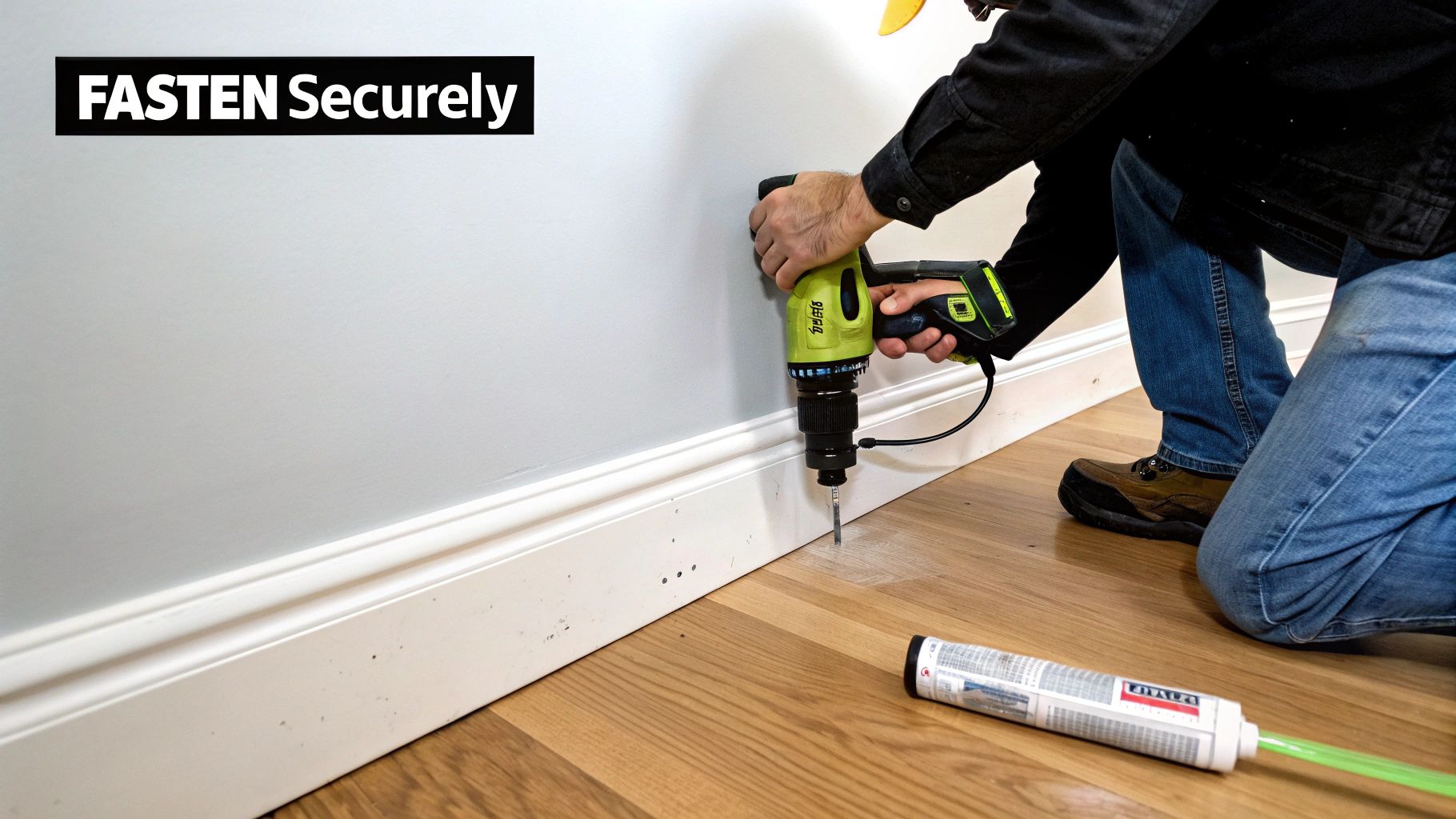 A person using a nail gun to fasten white baseboard trim to a wall.