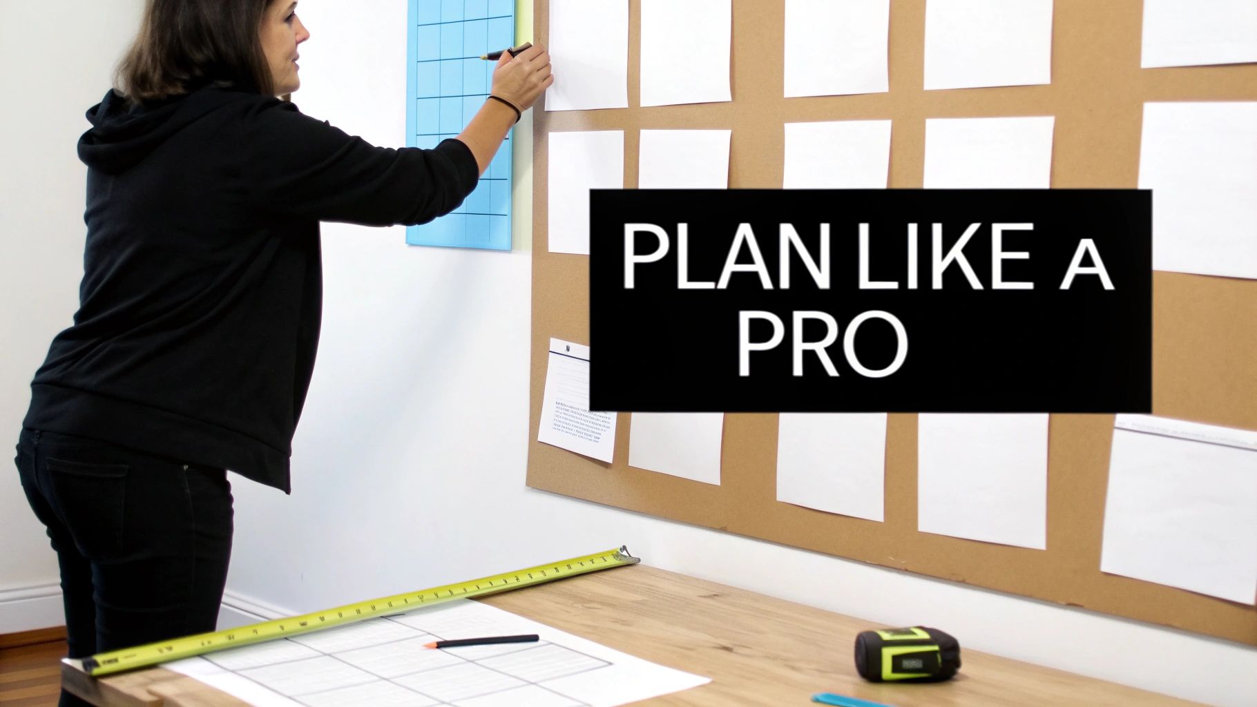 A person planning on a large board with white papers, a blue grid, and tools on a table.