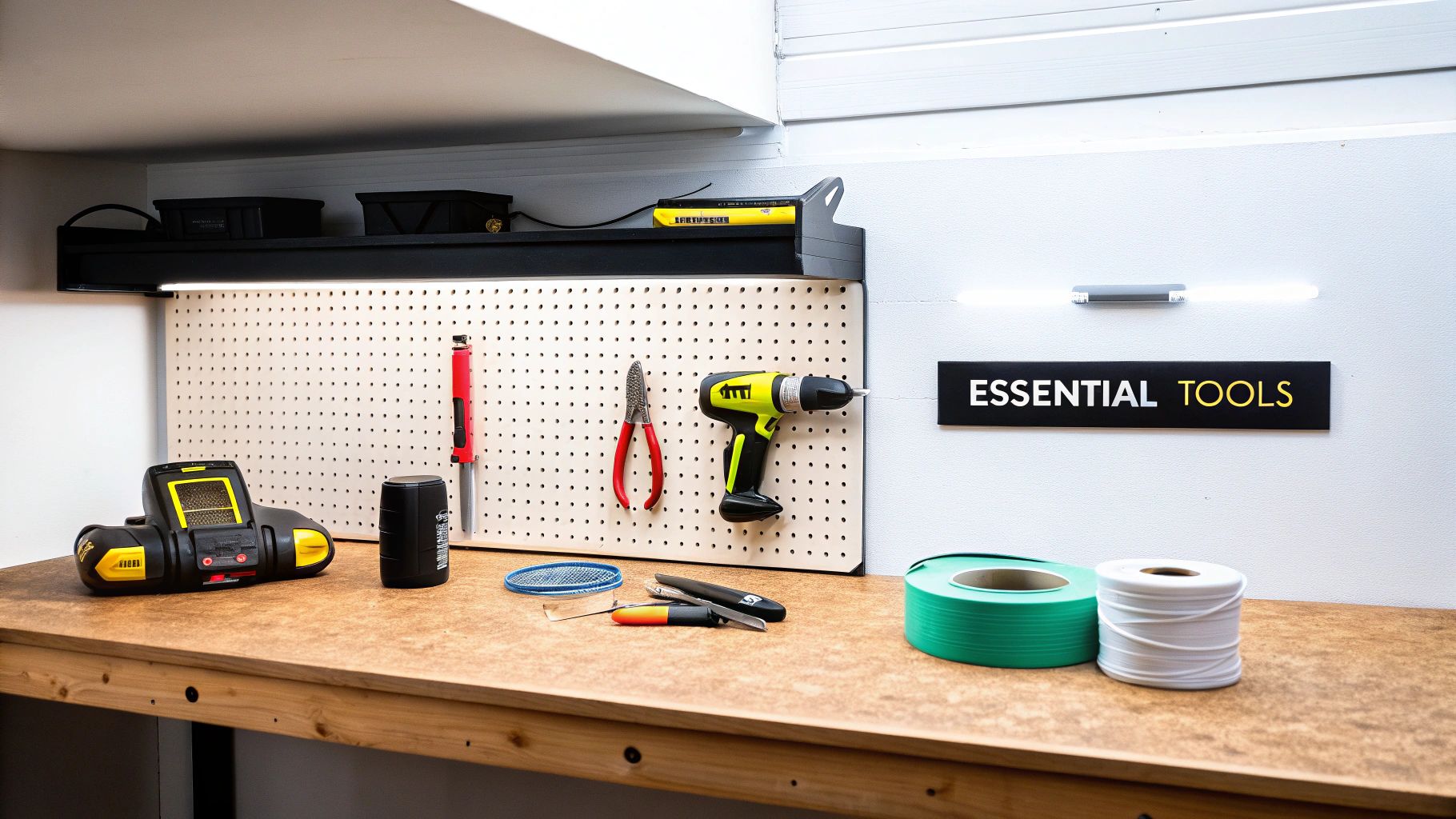 A well-organized workshop workbench featuring a pegboard with tools like a drill and pliers, and various supplies.