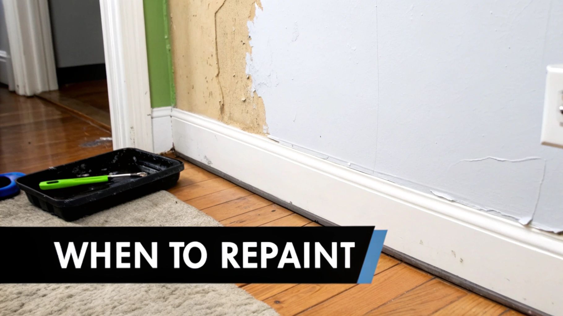 A close-up view of a room with a wall showing significant peeling paint and exposed plaster.