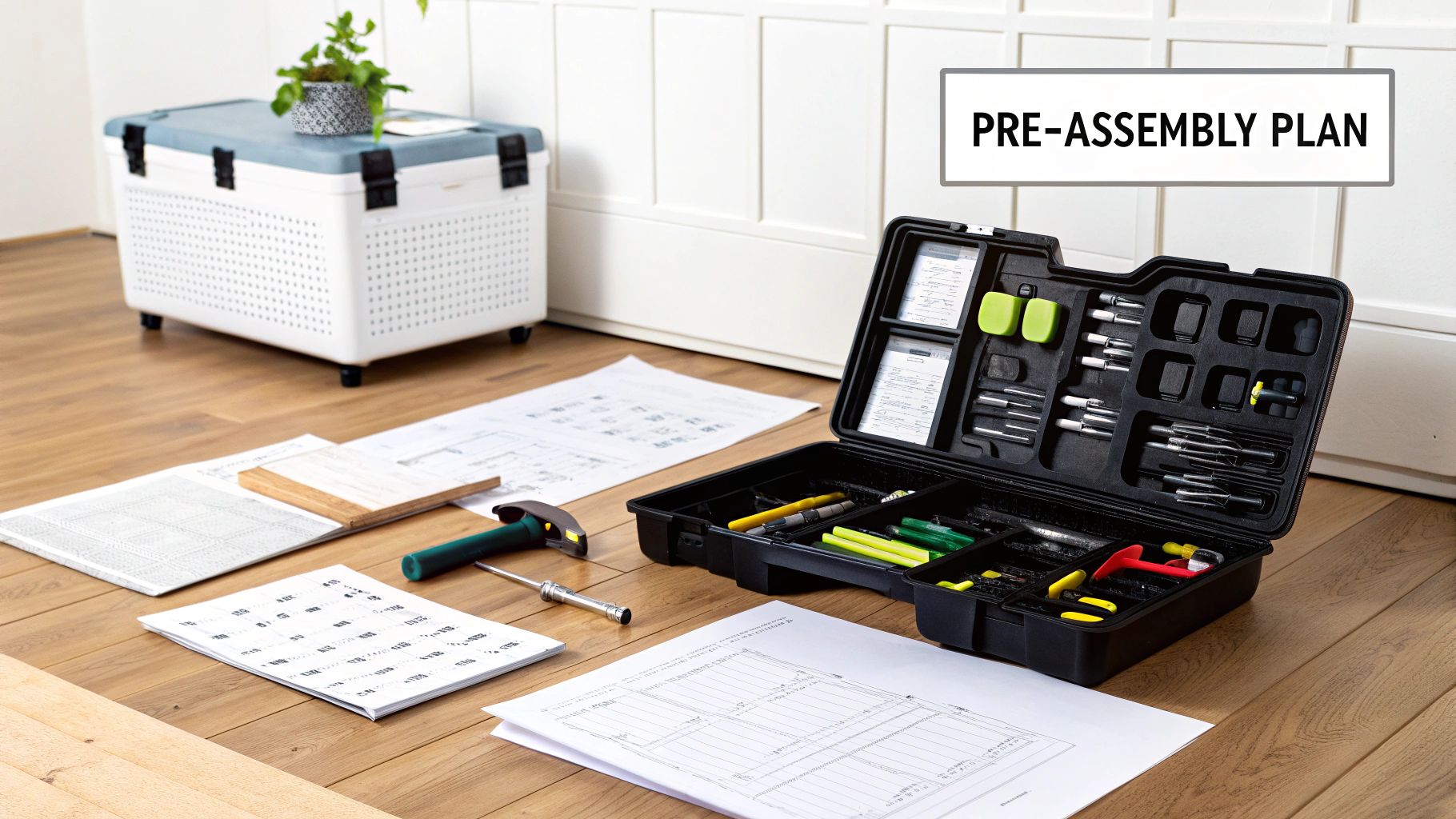 A pre-assembly plan layout with tools, blueprints, and materials for furniture assembly on a wooden floor.