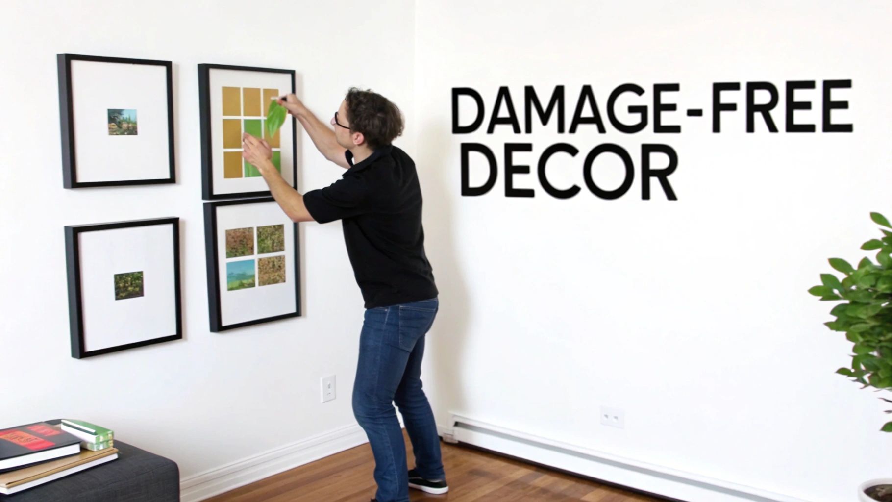 A man carefully adjusts a picture frame on a white wall, demonstrating damage-free decor.