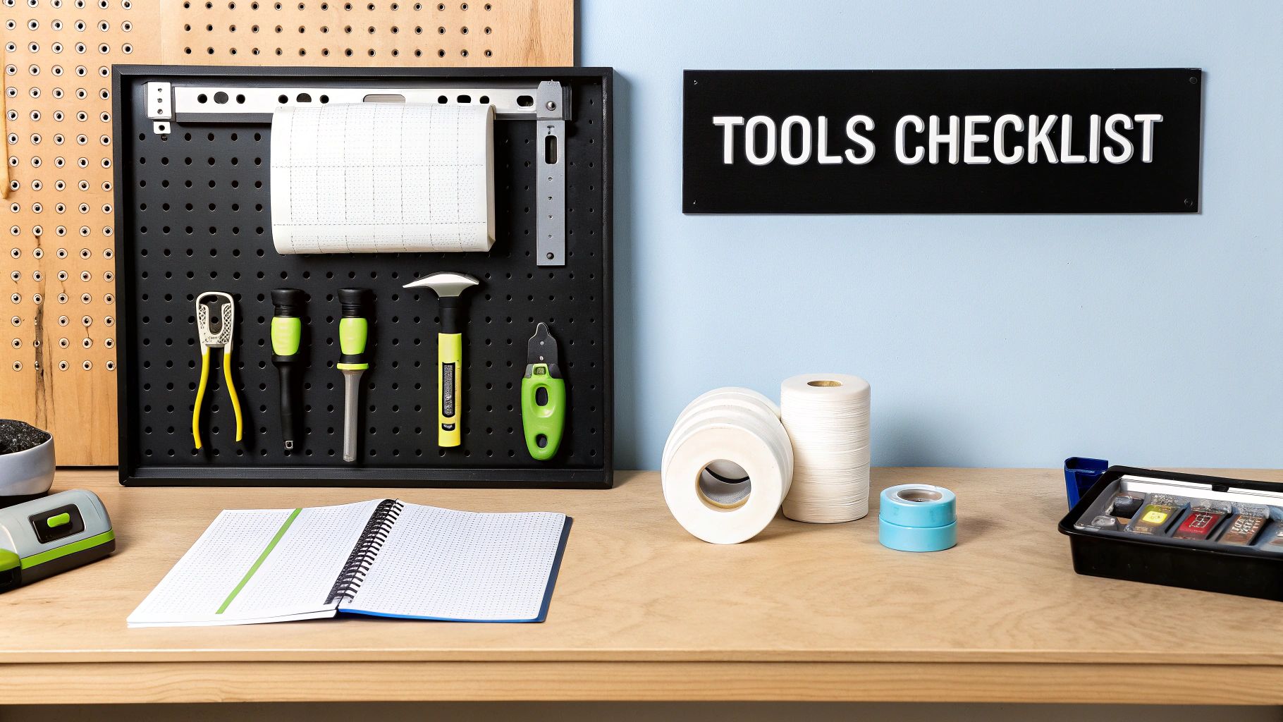 A clean wooden desk with a pegboard holding various tools, a notebook, tape, and a 'TOOLS CHECKLIST' sign on the wall.