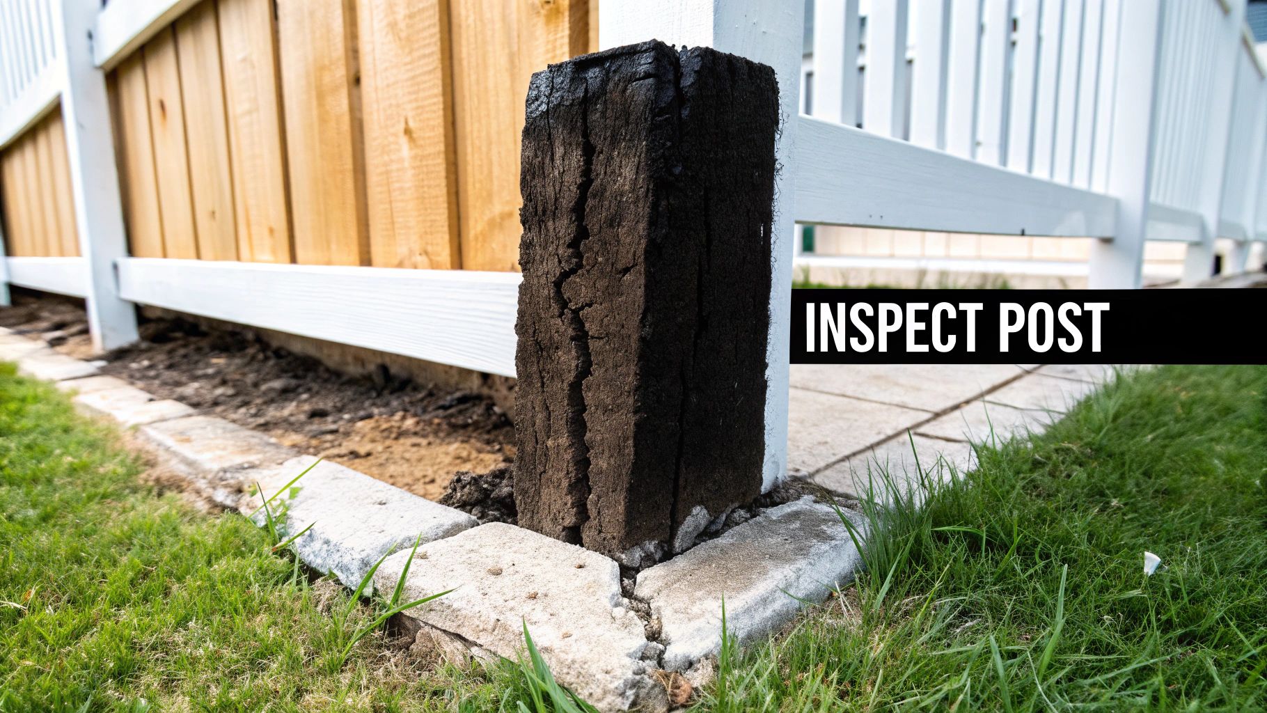 A person checking a wobbly wooden fence post for signs of rot at the base