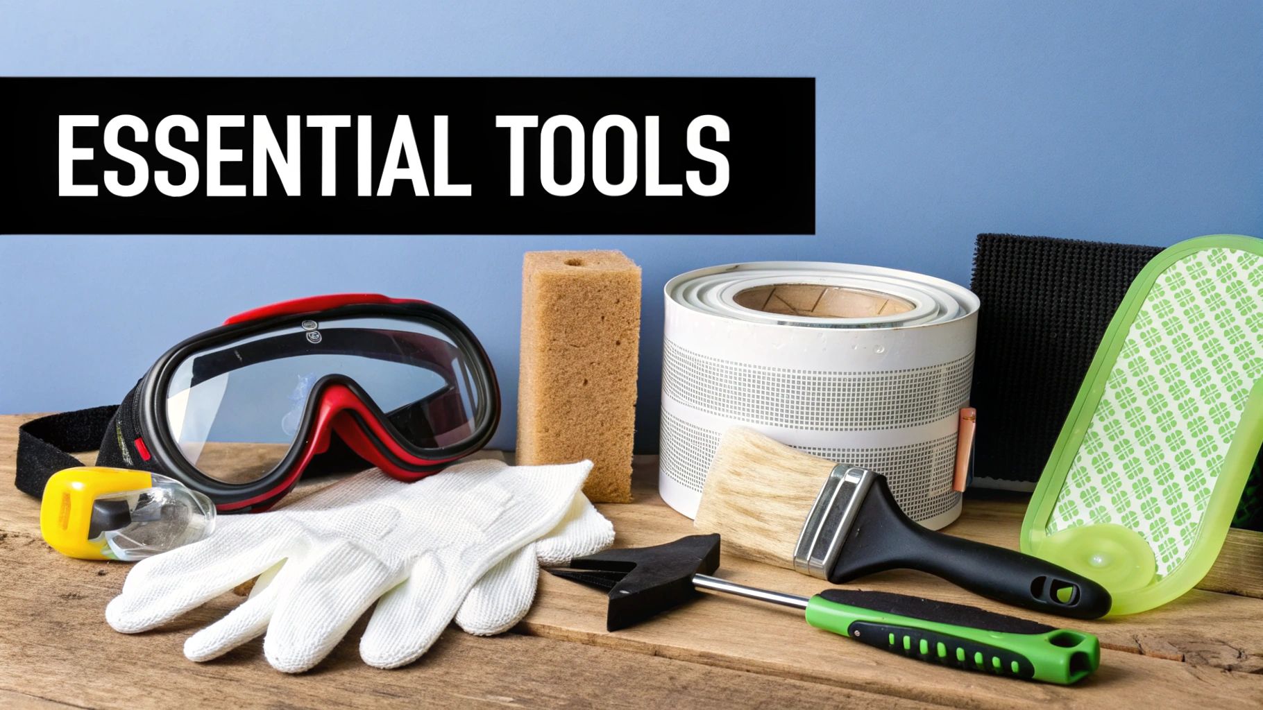 A collection of DIY tools including a paint roller, paint, and a scraper laid out on a drop cloth.