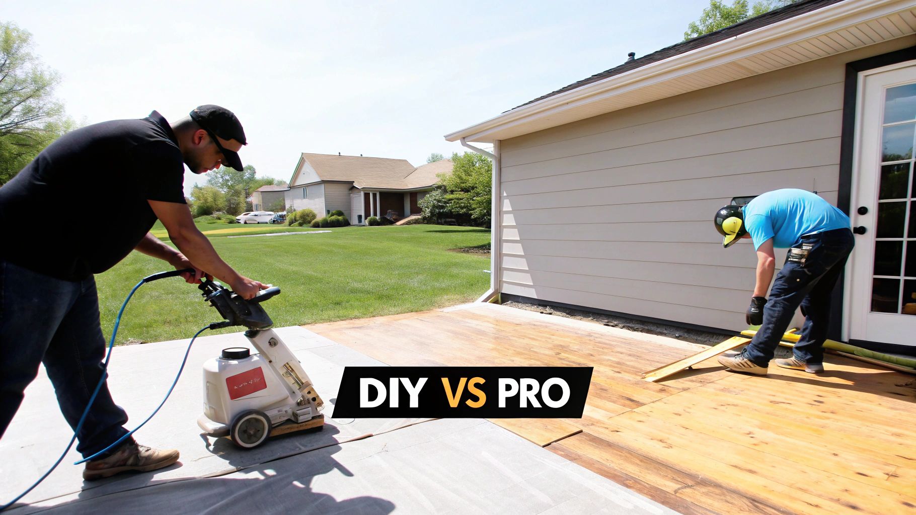 Professional floor refinisher using sanding machine on concrete while contractor installs wooden decking