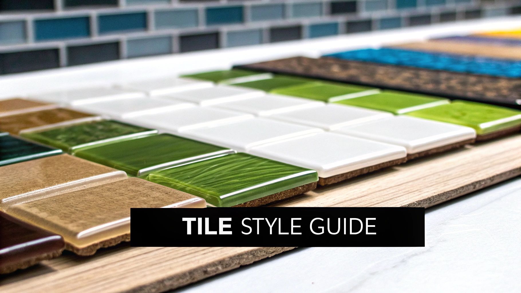 Vibrant glass tile samples in green, white, and brown on a wood board with a 'Tile Style Guide' banner.