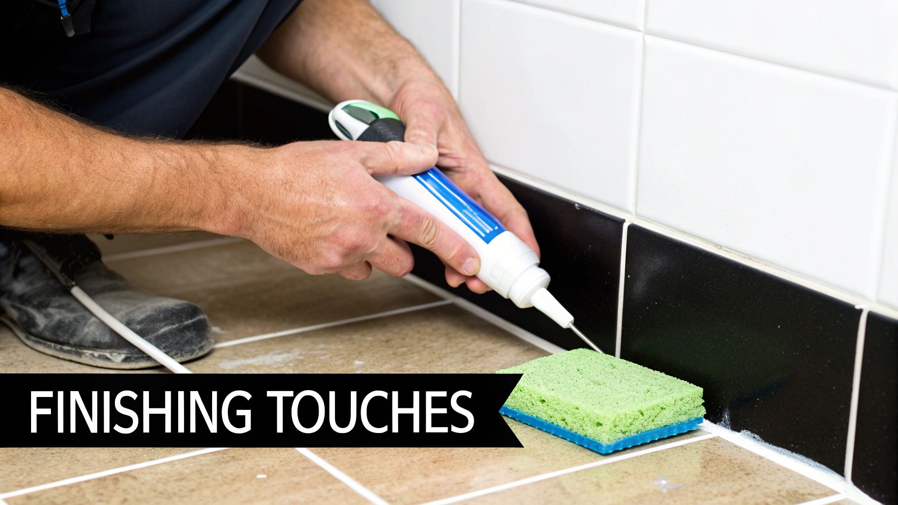 A close-up of a perfectly caulked and grouted tub surround corner.