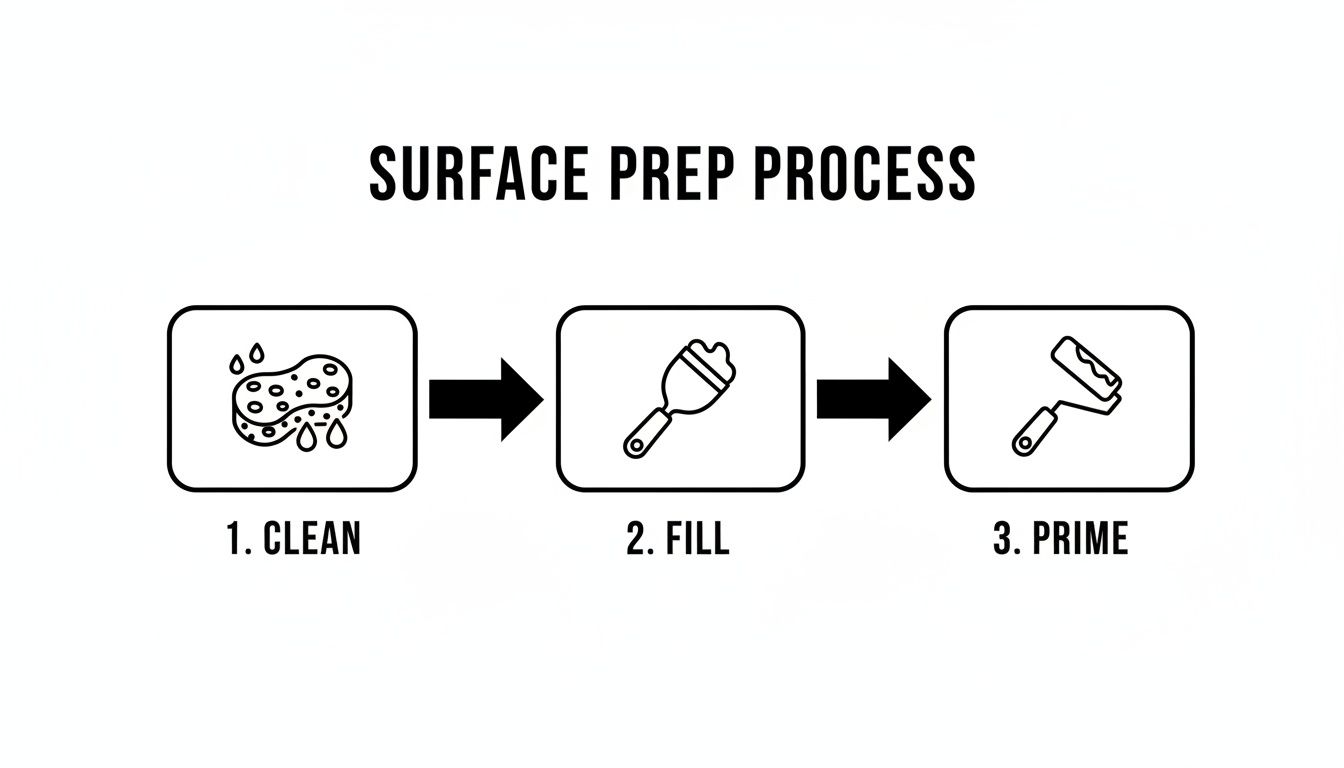 Infographic outlining three surface preparation steps: clean with sponge, fill with spackling knife, and prime with roller.