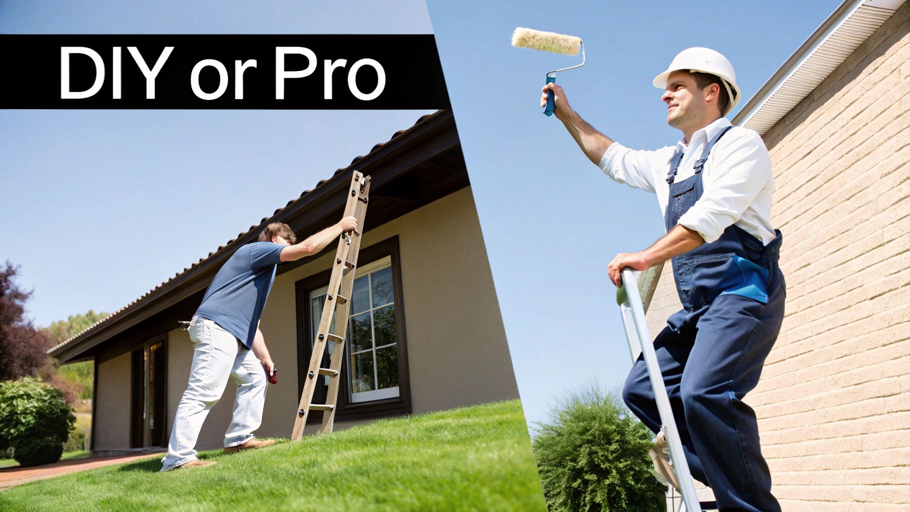 A split image contrasting a DIY homeowner on a wobbly ladder with a professional painter confidently at work.
