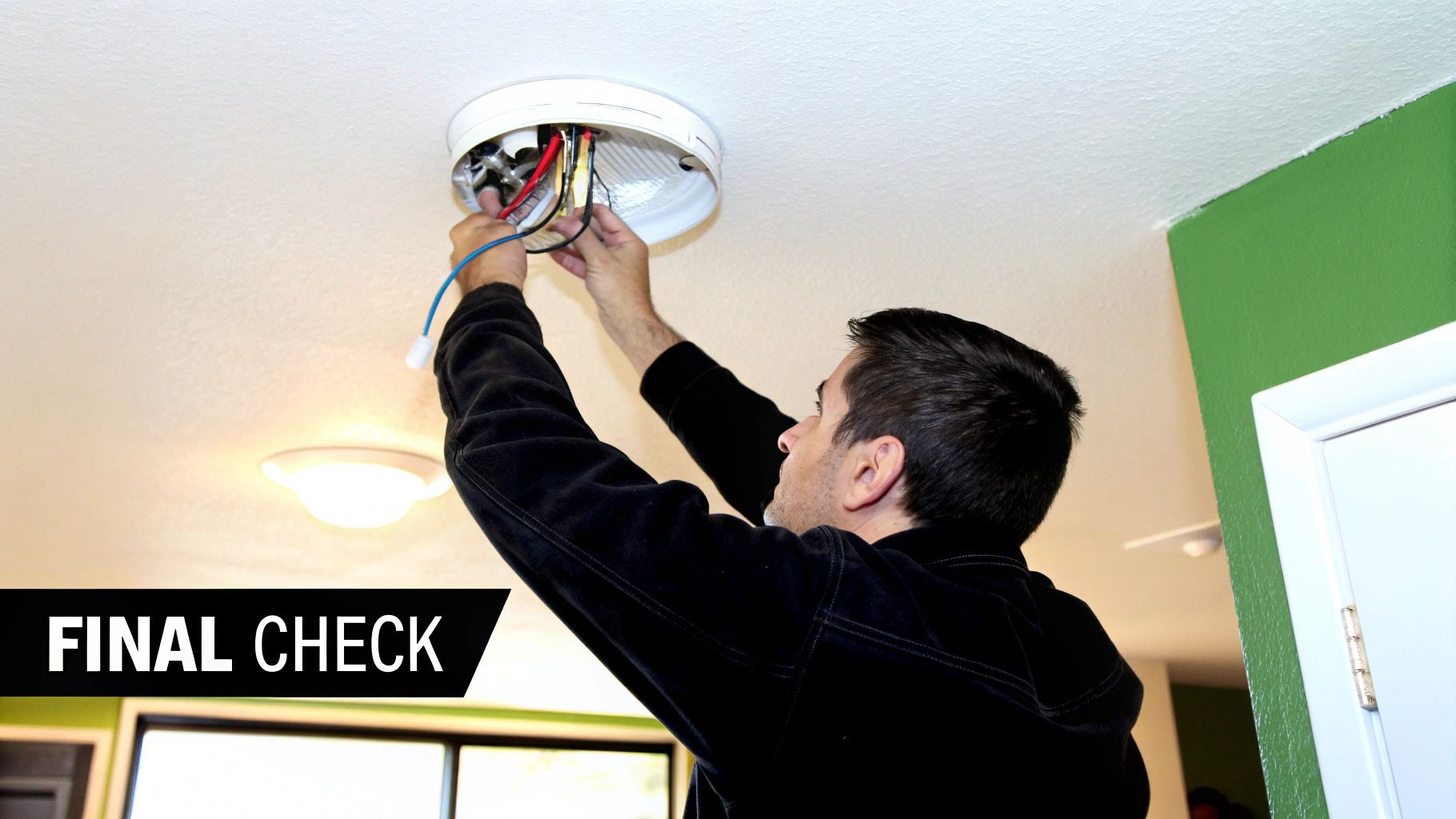 A person's hands are shown testing a newly installed light fixture by flipping a light switch on the wall.