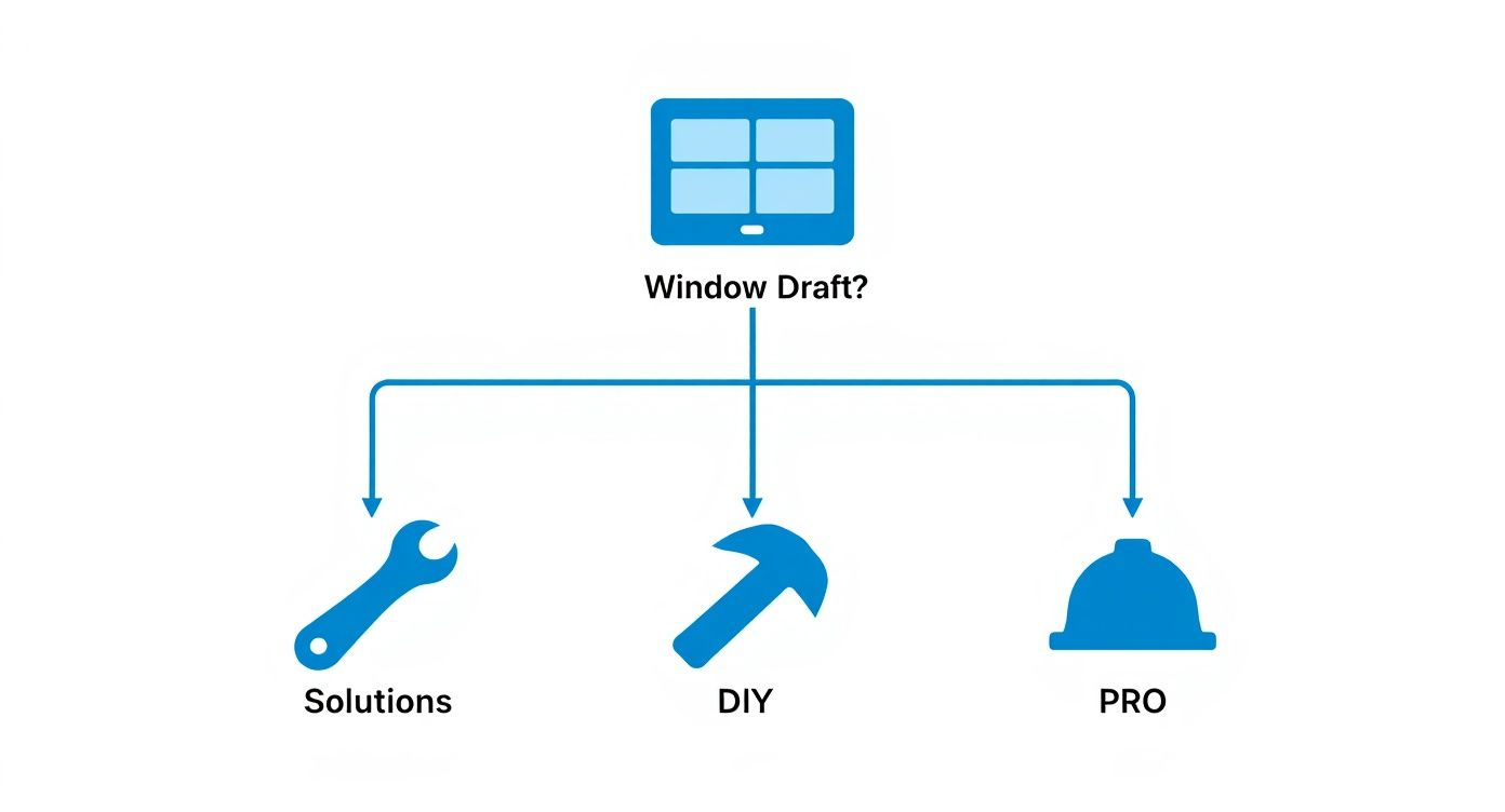 A flowchart addressing 'Window Draft?' with three solutions: Solutions (wrench), DIY (hammer), and PRO (hard hat).
