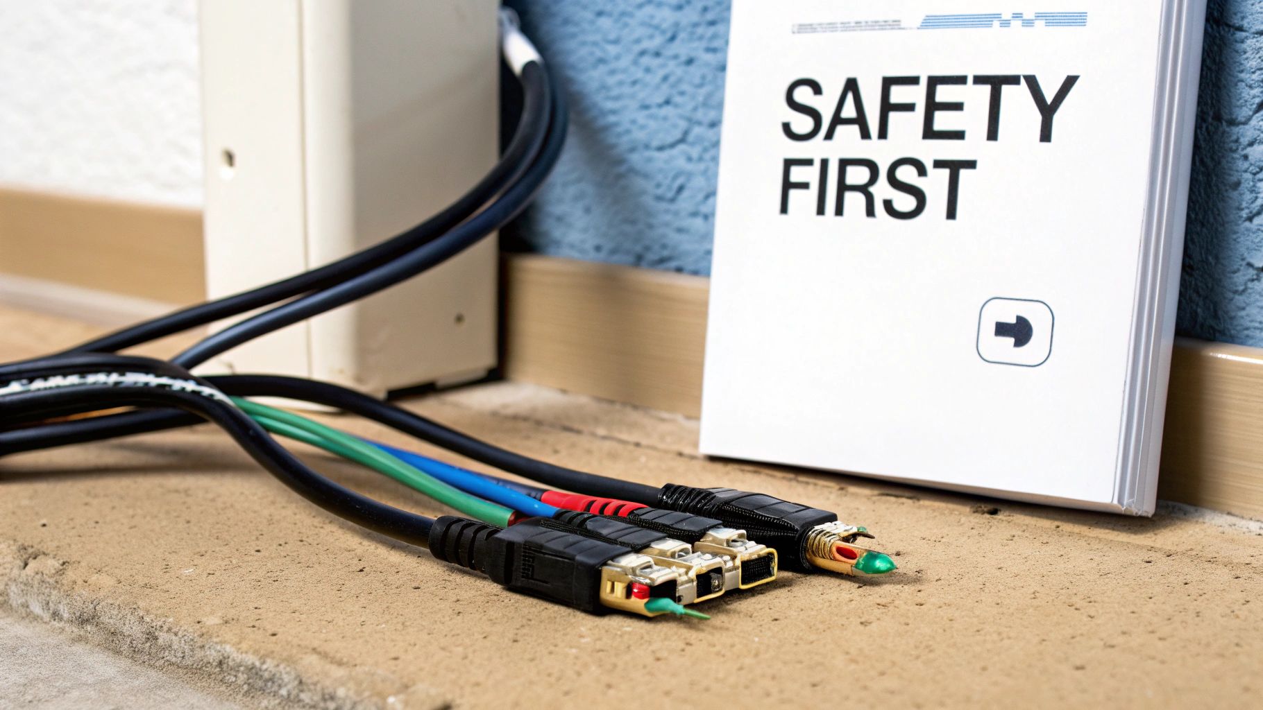 Close-up of tangled audio/video cables on a floor next to a 'Safety First' sign.