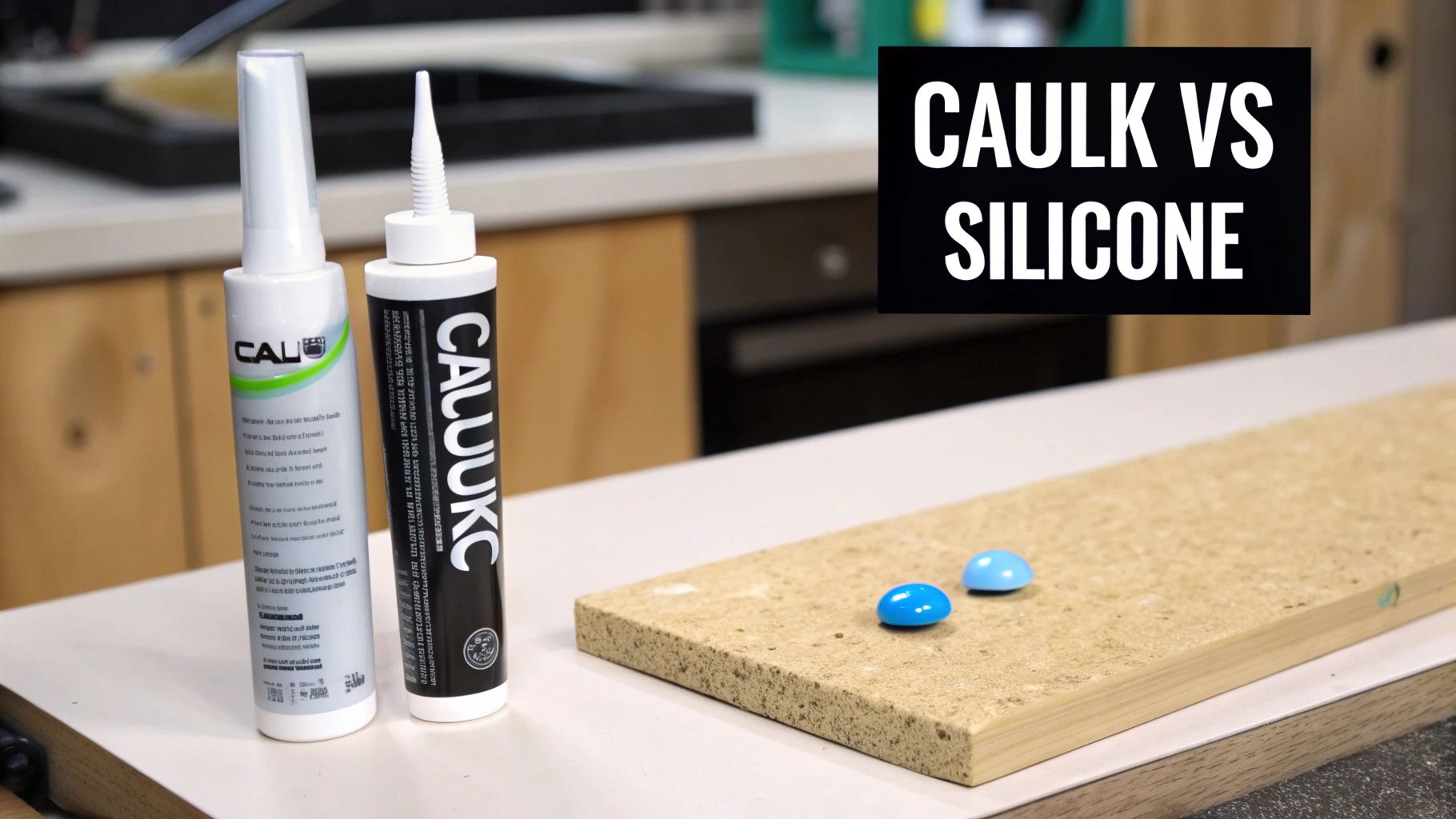 Caulk vs Silicone comparison featuring two sealant tubes and blue samples on a wooden board.