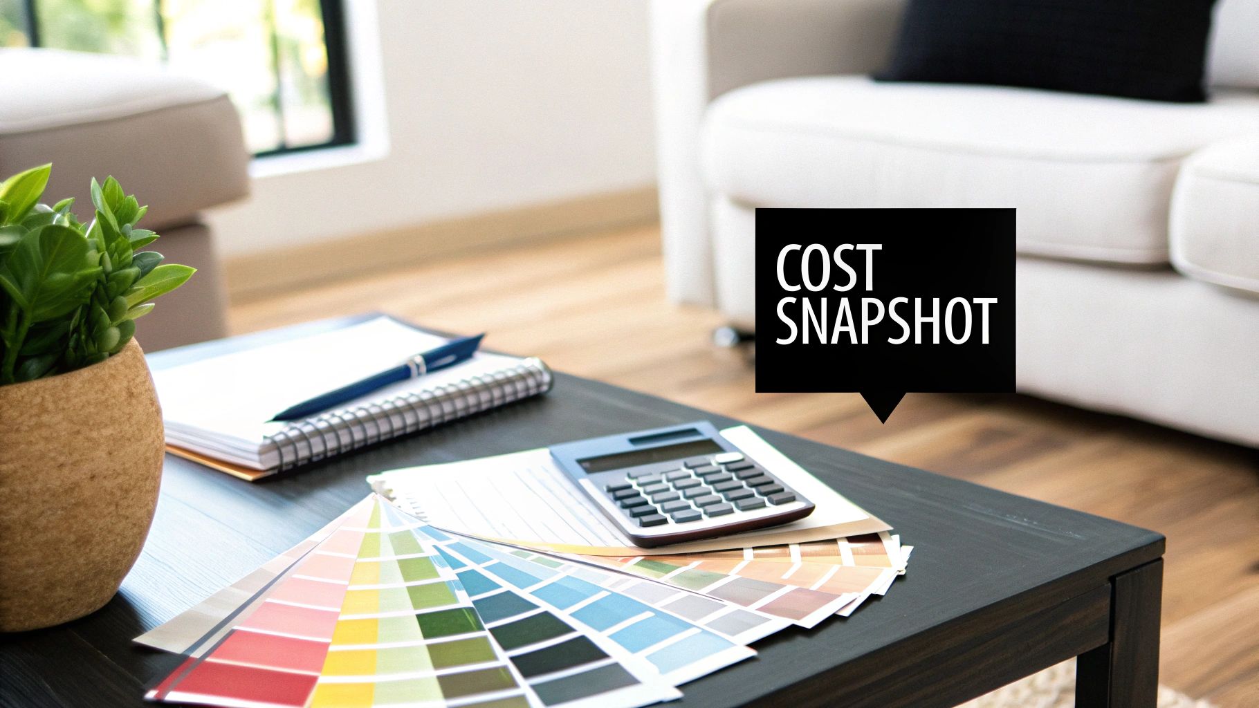 A calculator, paint swatches, and notebook on a table, representing interior design cost planning.