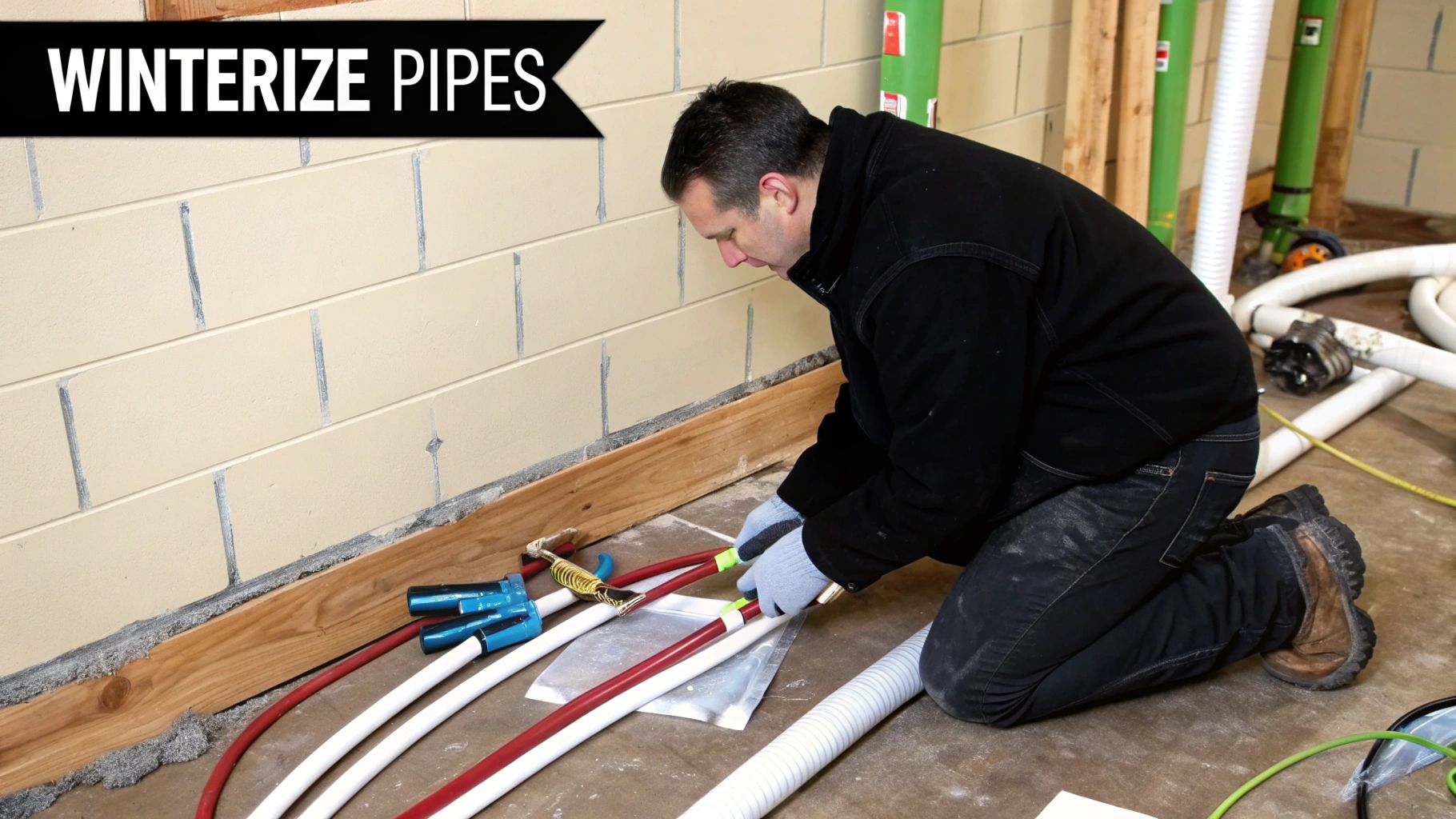 A man kneels in a basement, wearing gloves, working on red and white pipes to winterize them.
