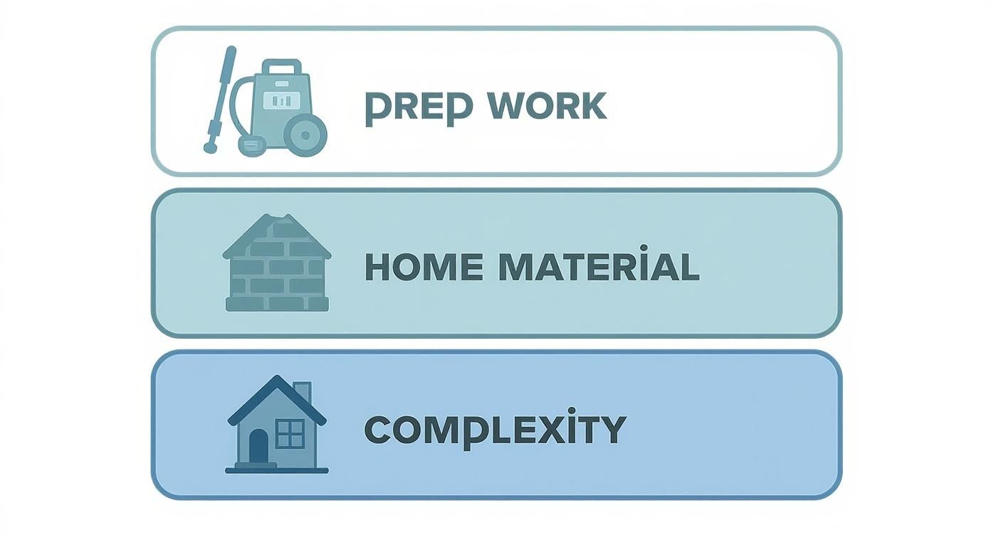 Infographic showing the hierarchy of exterior painting factors: Prep Work, Home Material, and Complexity.