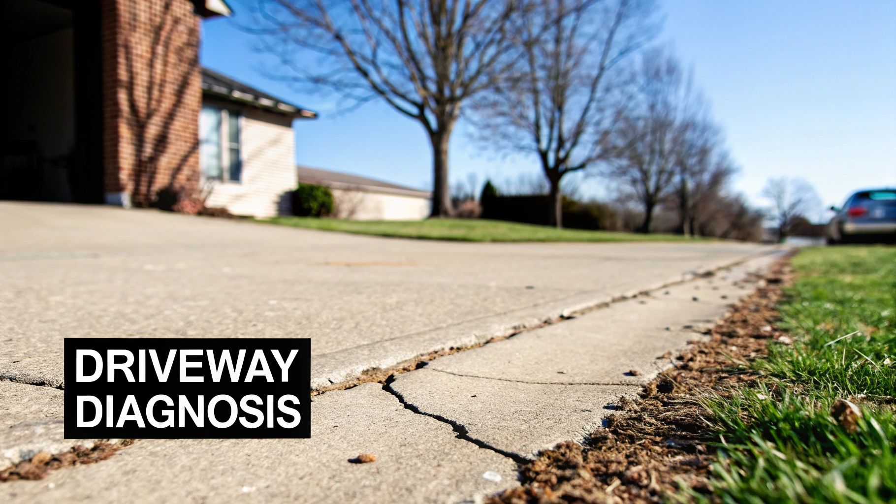 A close-up view of a severely cracked and weathered concrete driveway, highlighting the need for repair.