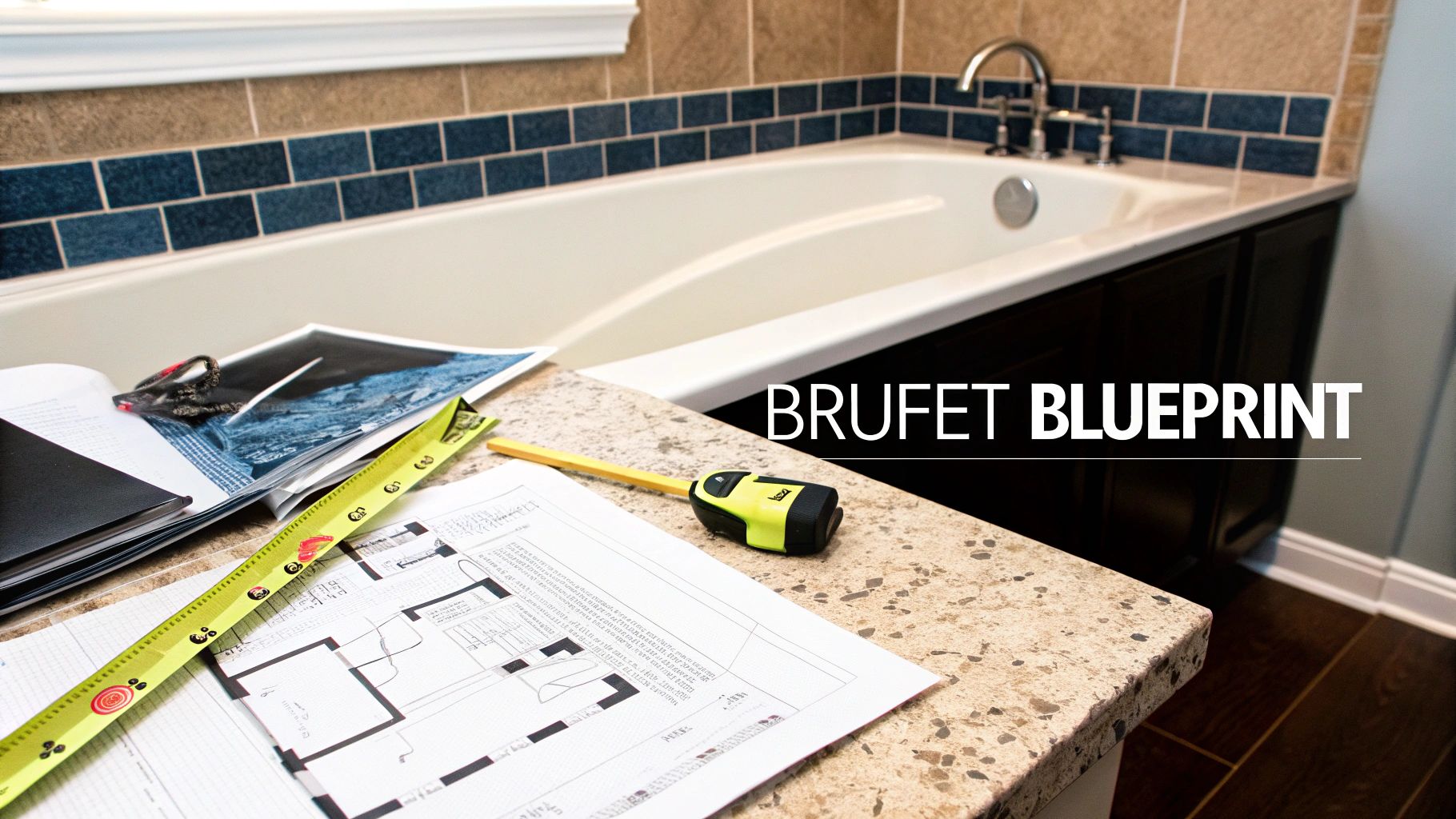 A modern bathroom with a neatly tiled tub surround featuring a built-in niche.