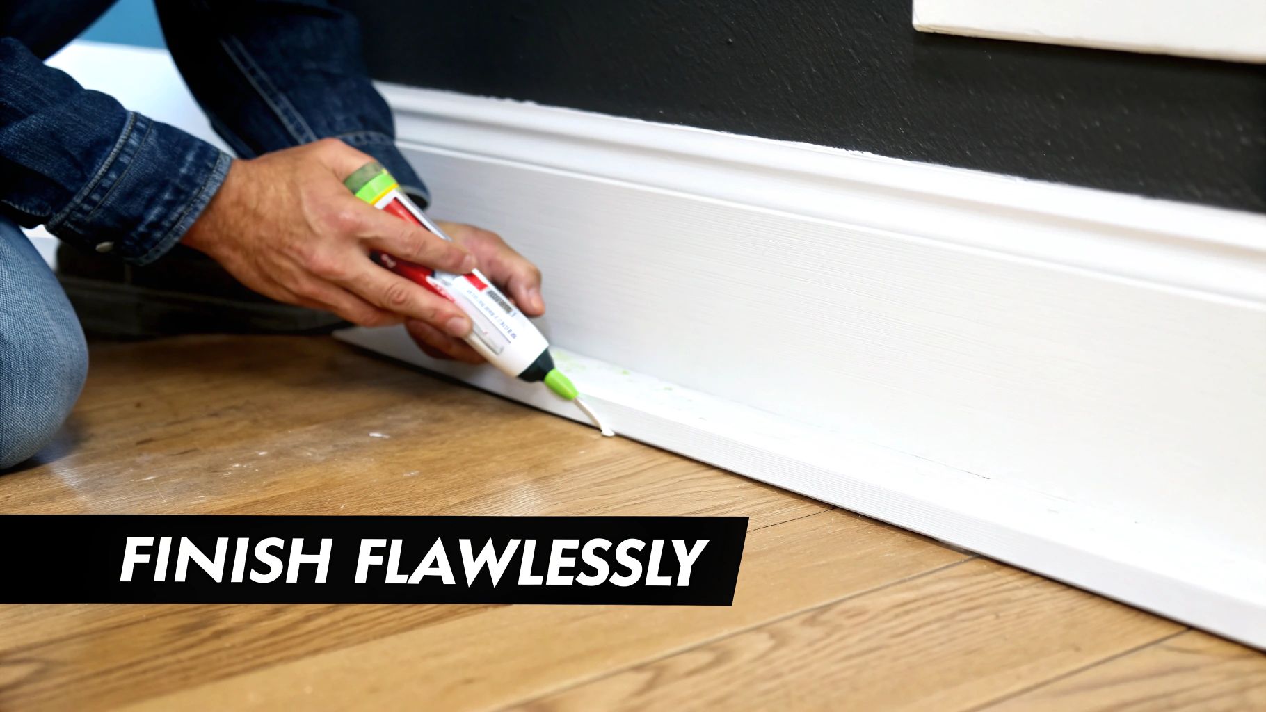 A person applying caulk along the top edge of a newly installed baseboard.