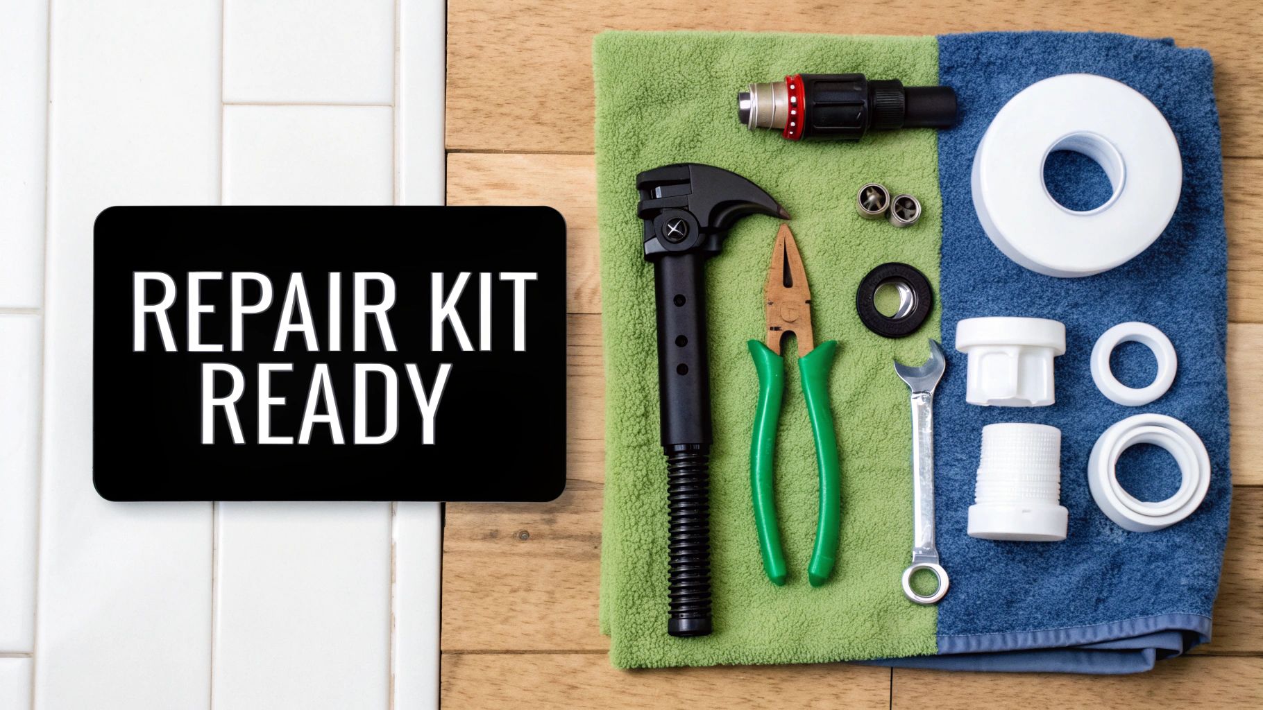 Assortment of plumbing tools and toilet repair parts laid out on a clean surface