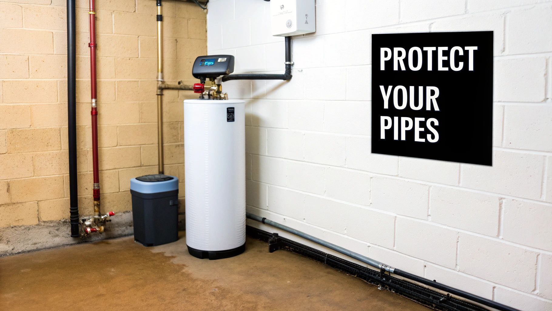 A clean white water softener system with plumbing pipes and a 'PROTECT YOUR PIPES' sign in a utility room.