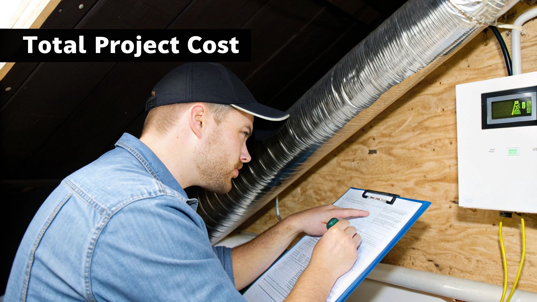 A technician inspecting a furnace unit in a clean basement.