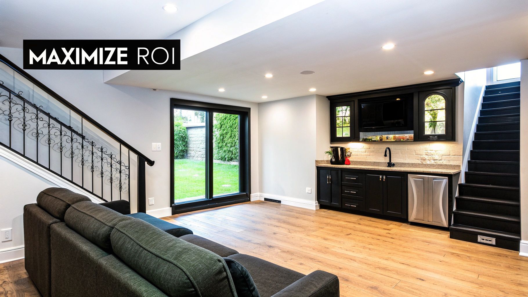 Bright, modern basement with a small kitchen area and comfortable seating.