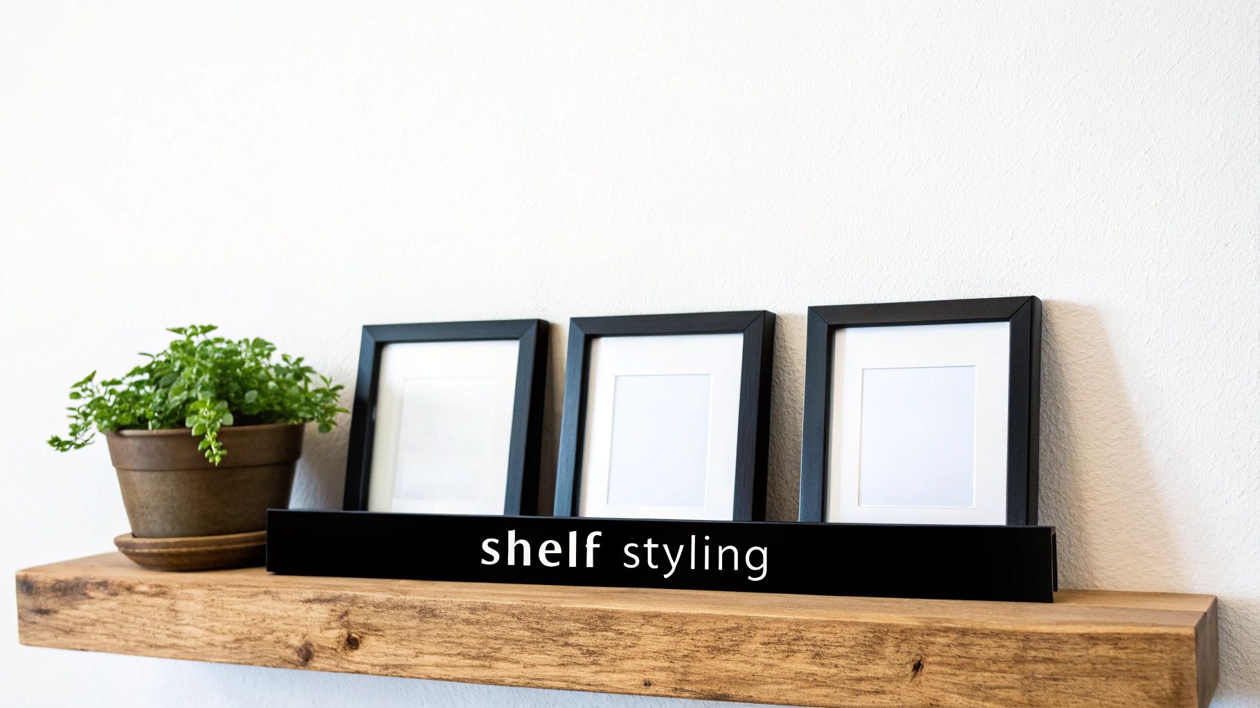 A rustic wooden floating shelf decorated with a potted green plant and three framed pictures.
