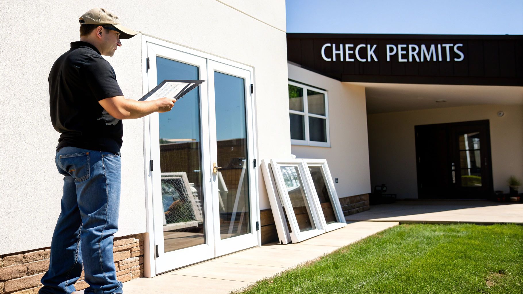 A newly installed patio door opening up to a wooden deck with outdoor furniture.