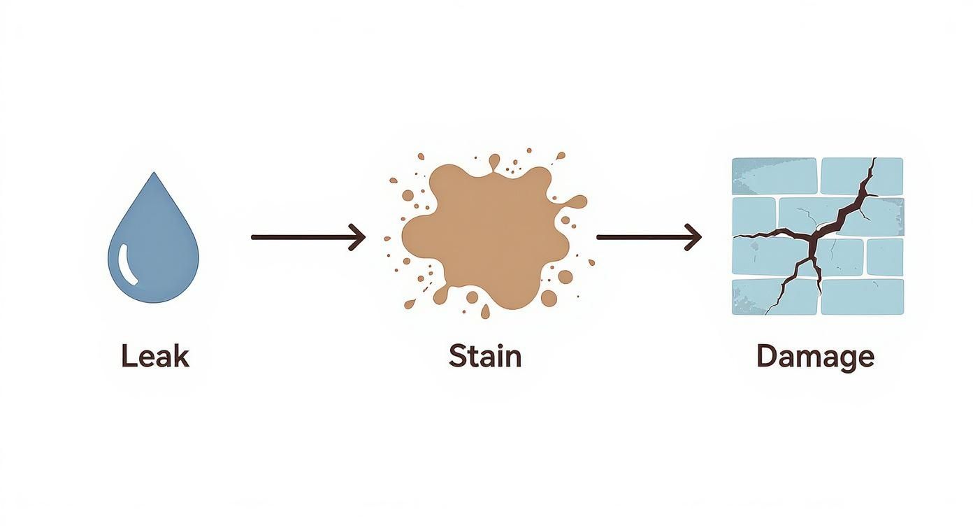 A diagram illustrating a water leak causing a brown stain, eventually leading to wall damage.