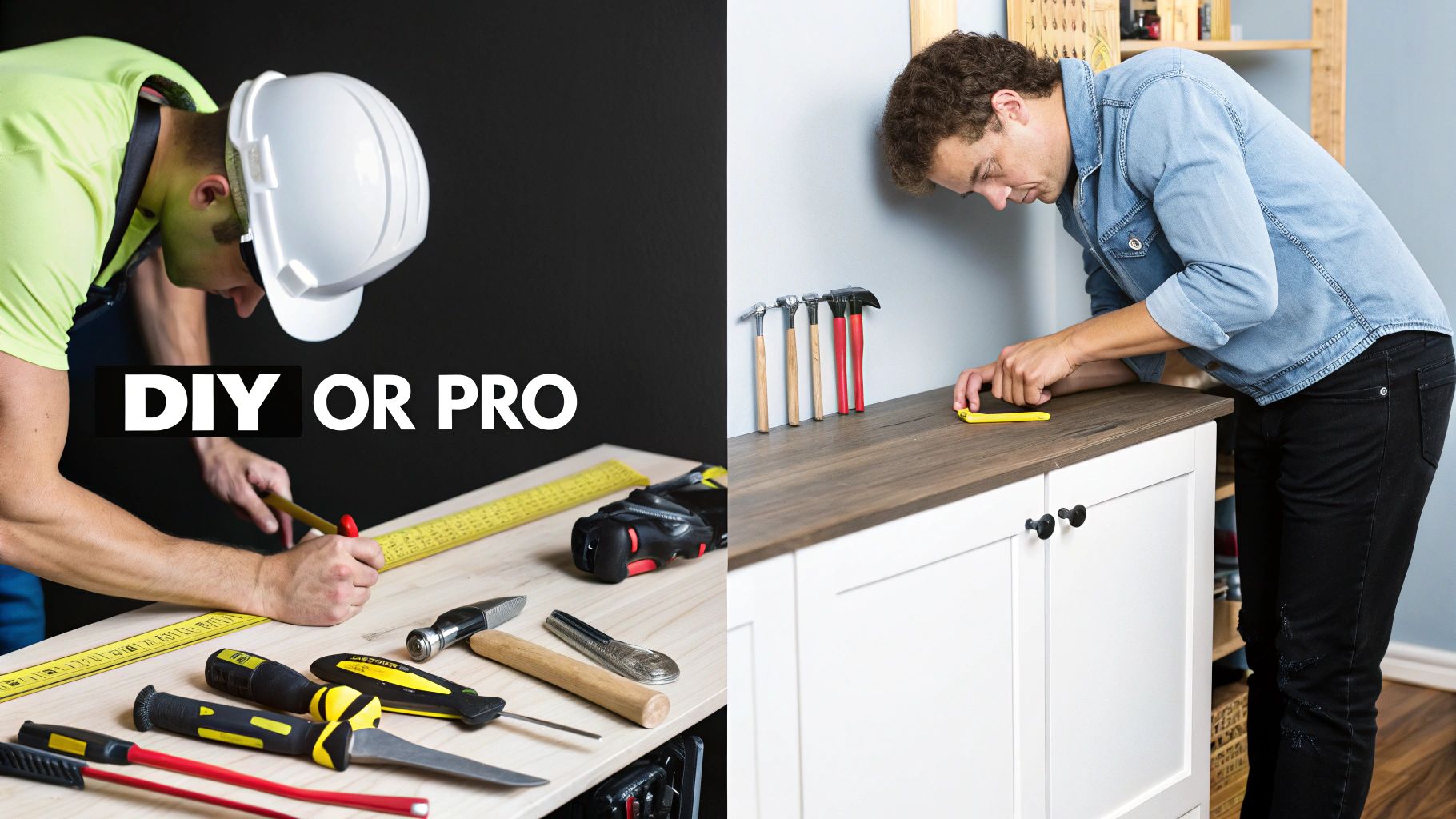 A split image showing a professional builder measuring wood and a person doing DIY work on a cabinet.