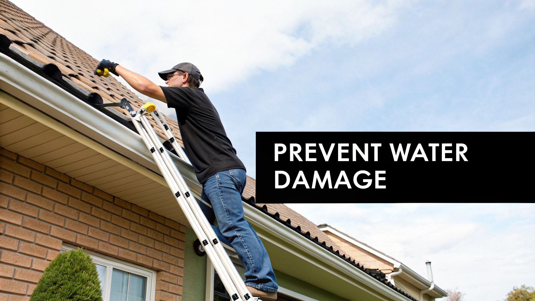 A person on a ladder cleaning roof gutters to prevent water damage to a residential building.