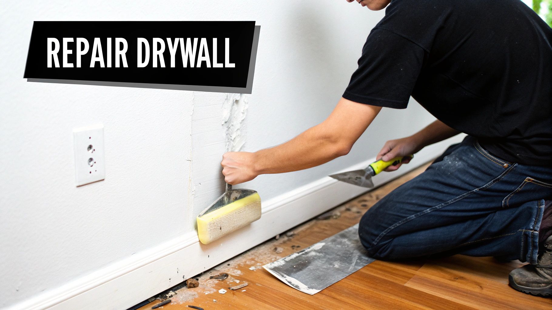 A person kneels, repairing damaged drywall on a white wall using tools and applying plaster.