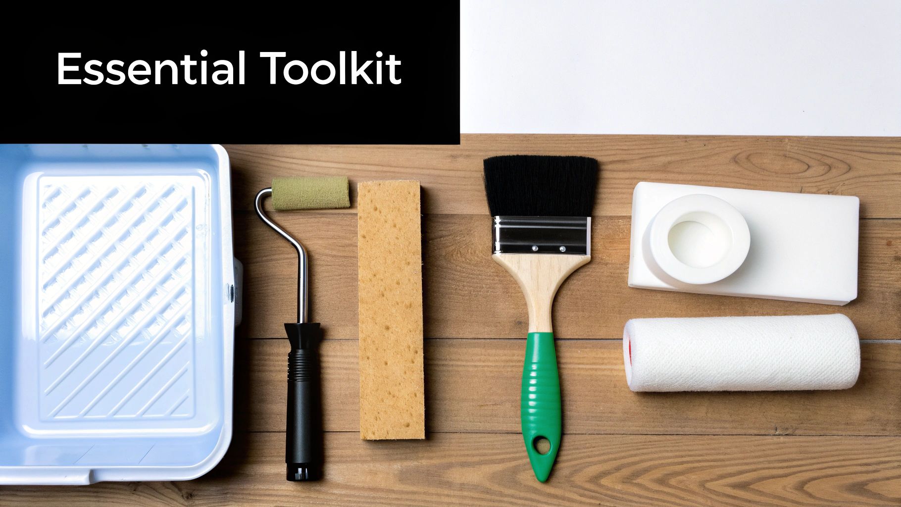A collection of essential painting tools including a roller, brush, tray, sponge, and tape on a wooden surface.