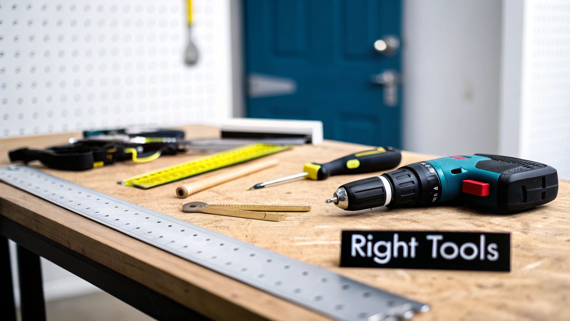 A collection of essential hand tools for door hardware installation laid out on a wooden surface.