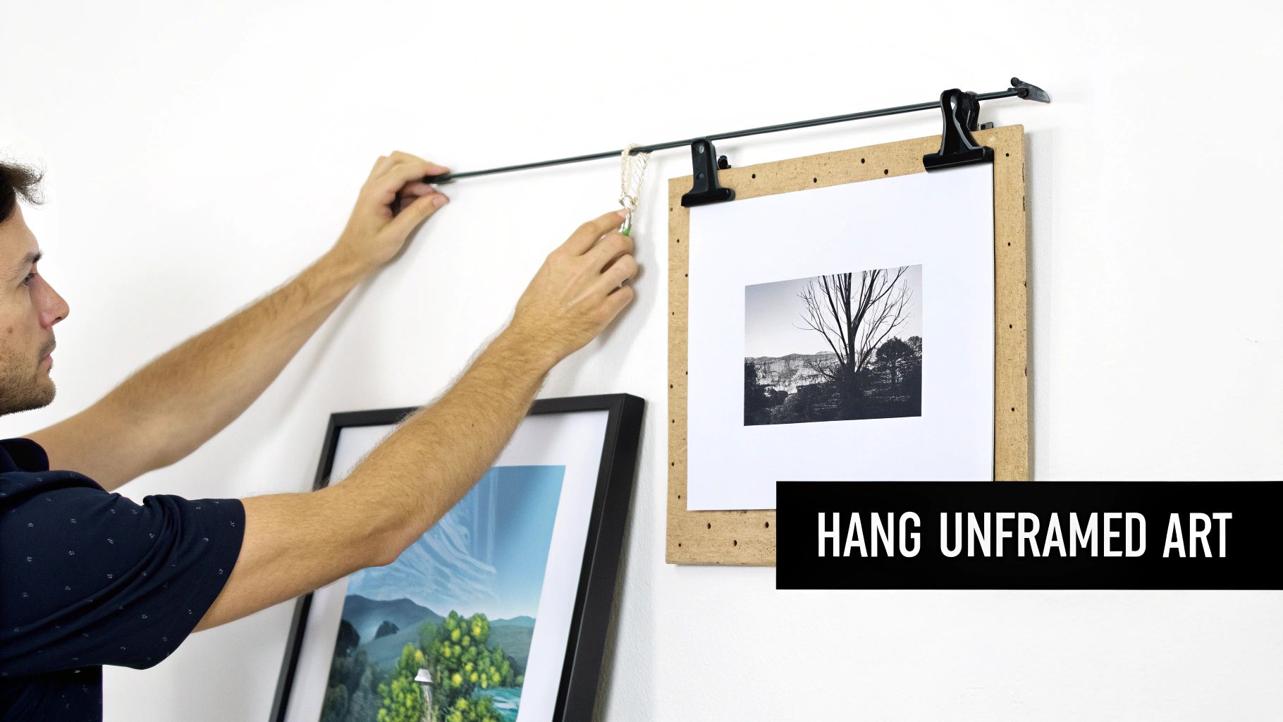 A person hangs a framed picture on a white wall next to unframed art on a clipboard.