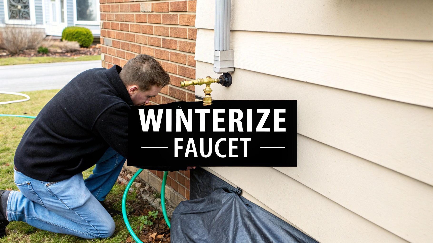 An outdoor faucet covered with a winter insulation cap.