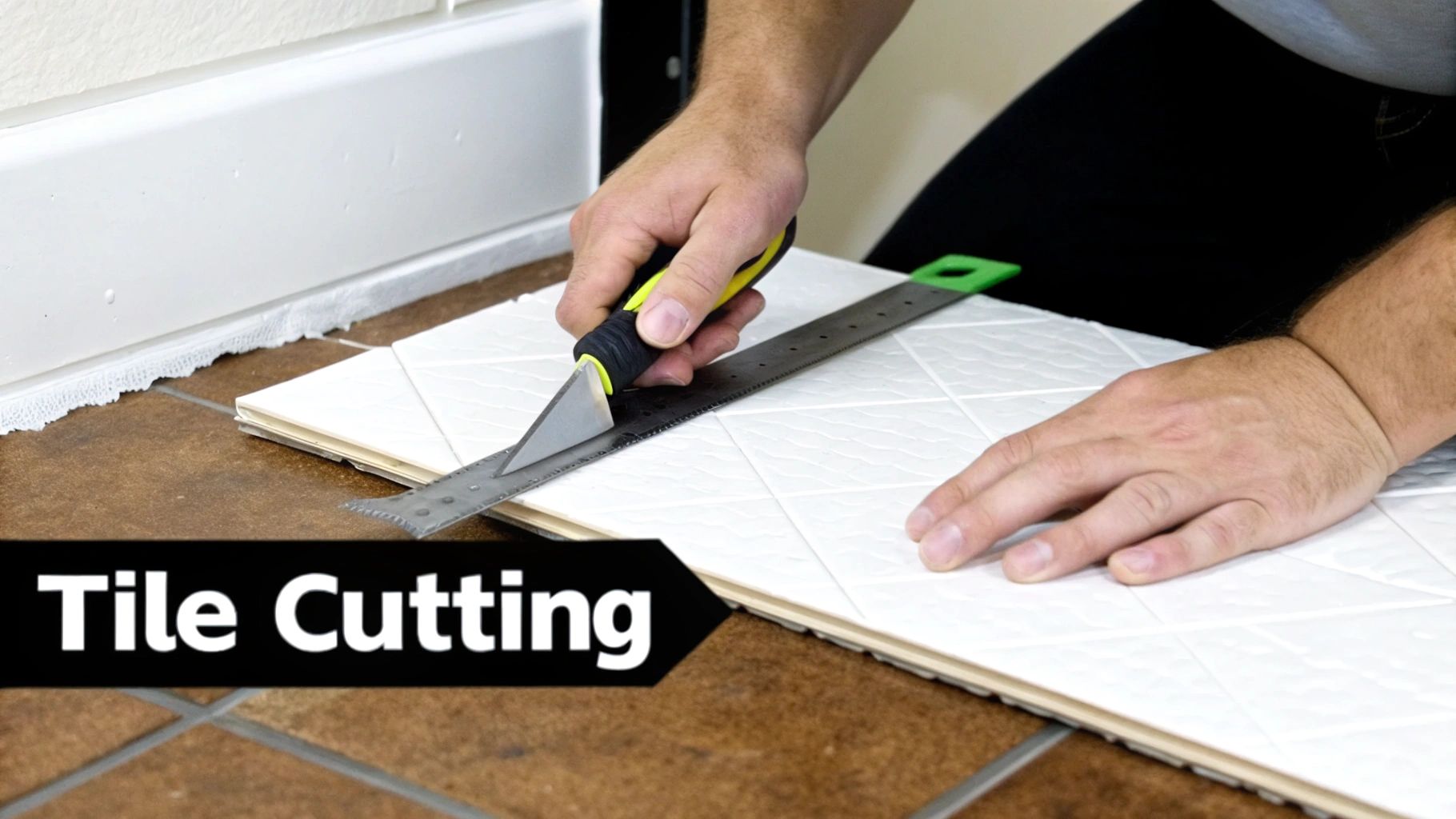 A person uses a utility knife and a ruler to precisely cut a white textured tile for installation.