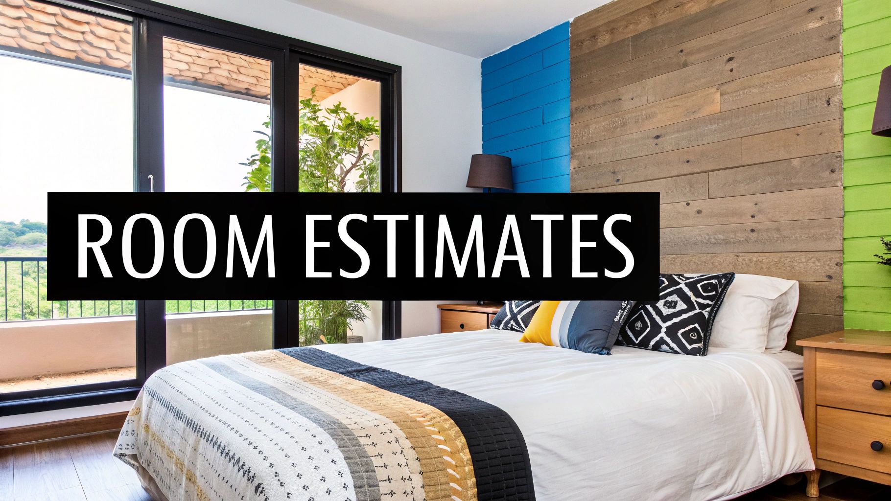 A bright modern bedroom interior with a large window, bed, and colorful accent walls.