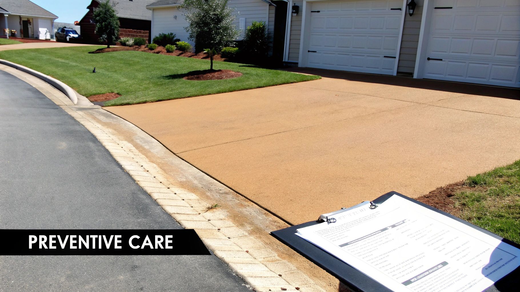 A person using a roller to apply a clear sealant to a clean concrete driveway, protecting it from the elements.