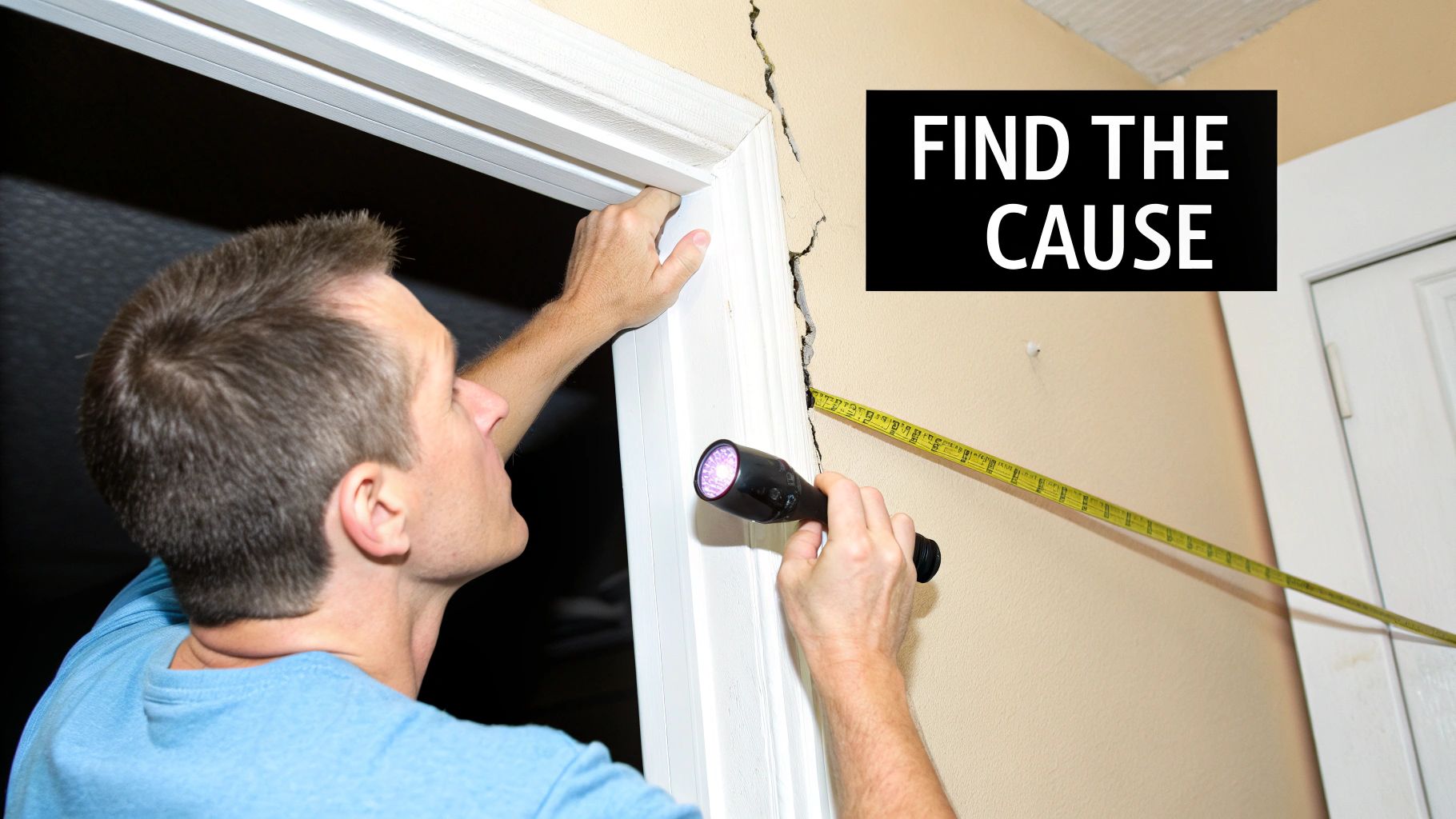 A person inspecting a crack in a white drywall wall, trying to determine its cause.