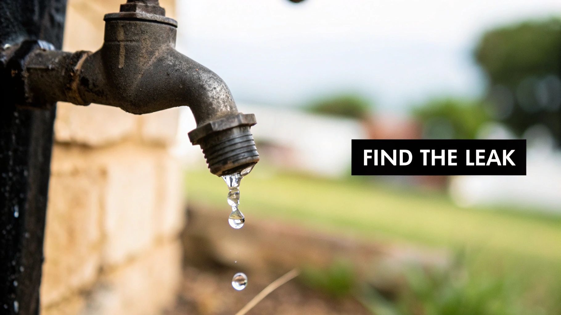 Close-up of a hand tightening an outdoor faucet with a wrench.